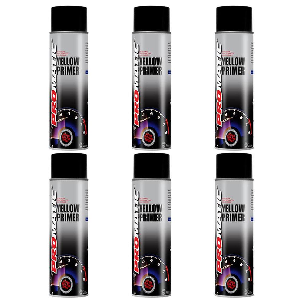 Six cans of Promatic yellow primer spray with black caps and silver gradient design