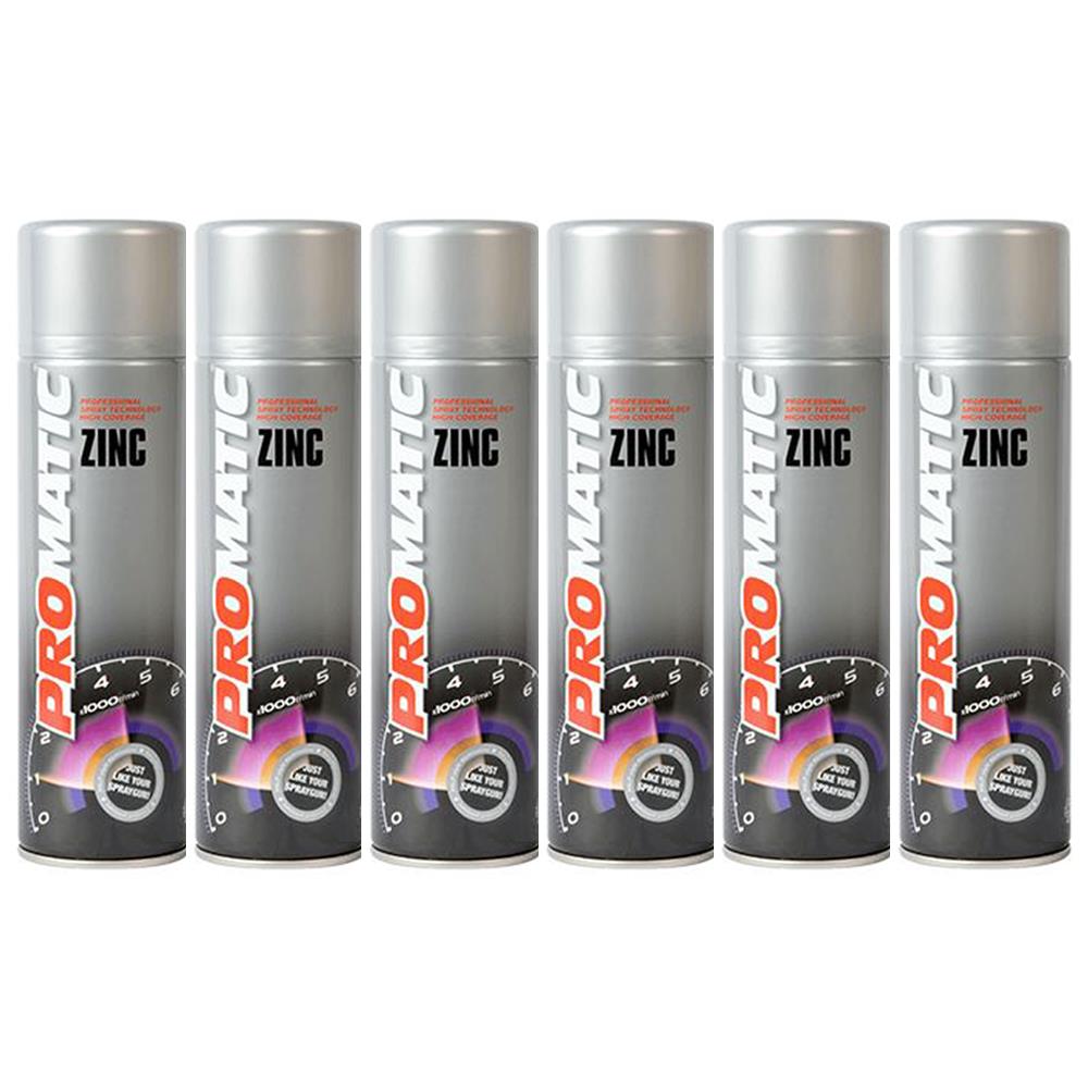 Promatic zinc primer spray 500ml cans arranged in a row with silver and black design
