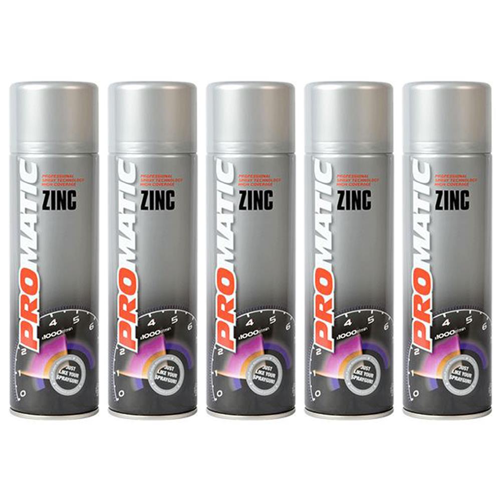 Promatic zinc rich primer spray cans lined up with silver caps and black gauges on labels