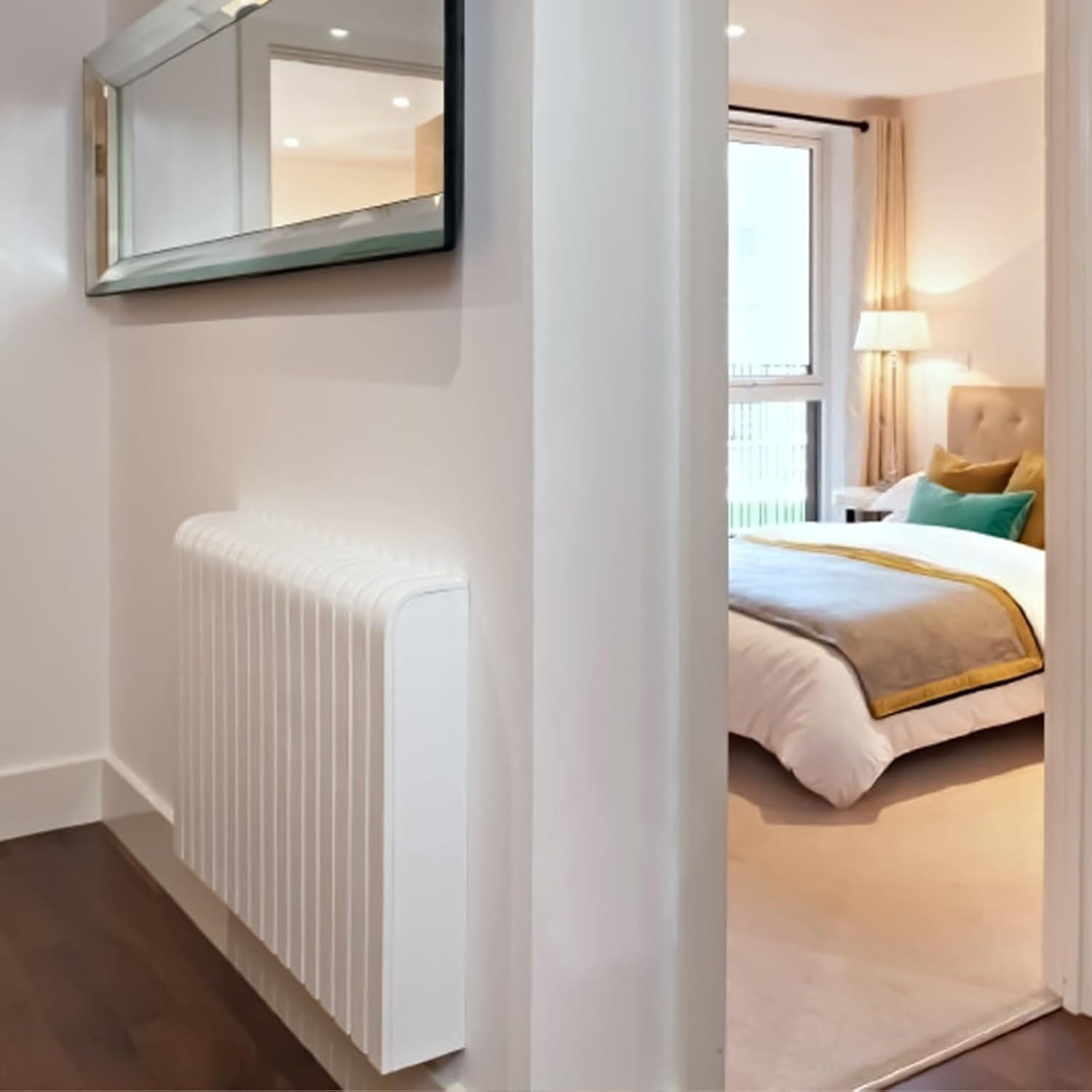 151 Radiator Enamel Paint White applied on a stylish radiator in a modern bedroom setting