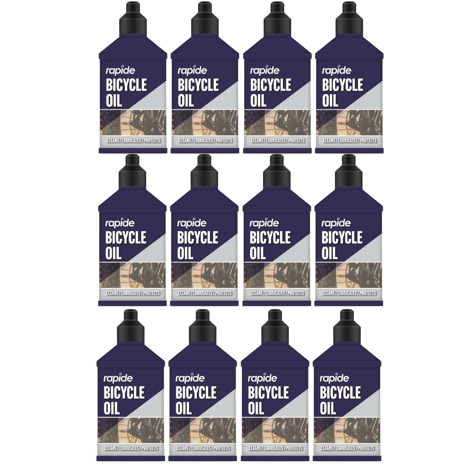 Rapide bicycle oil chain bottles arranged in a grid for bicycle maintenance and lubrication