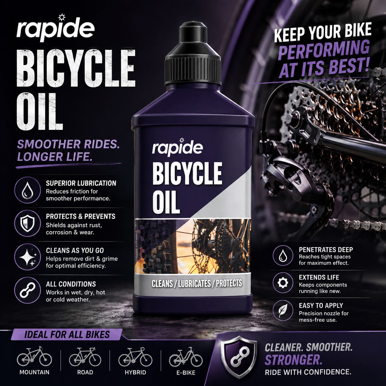 Rapide bicycle oil chain for smoother rides and enhanced performance on all bike types