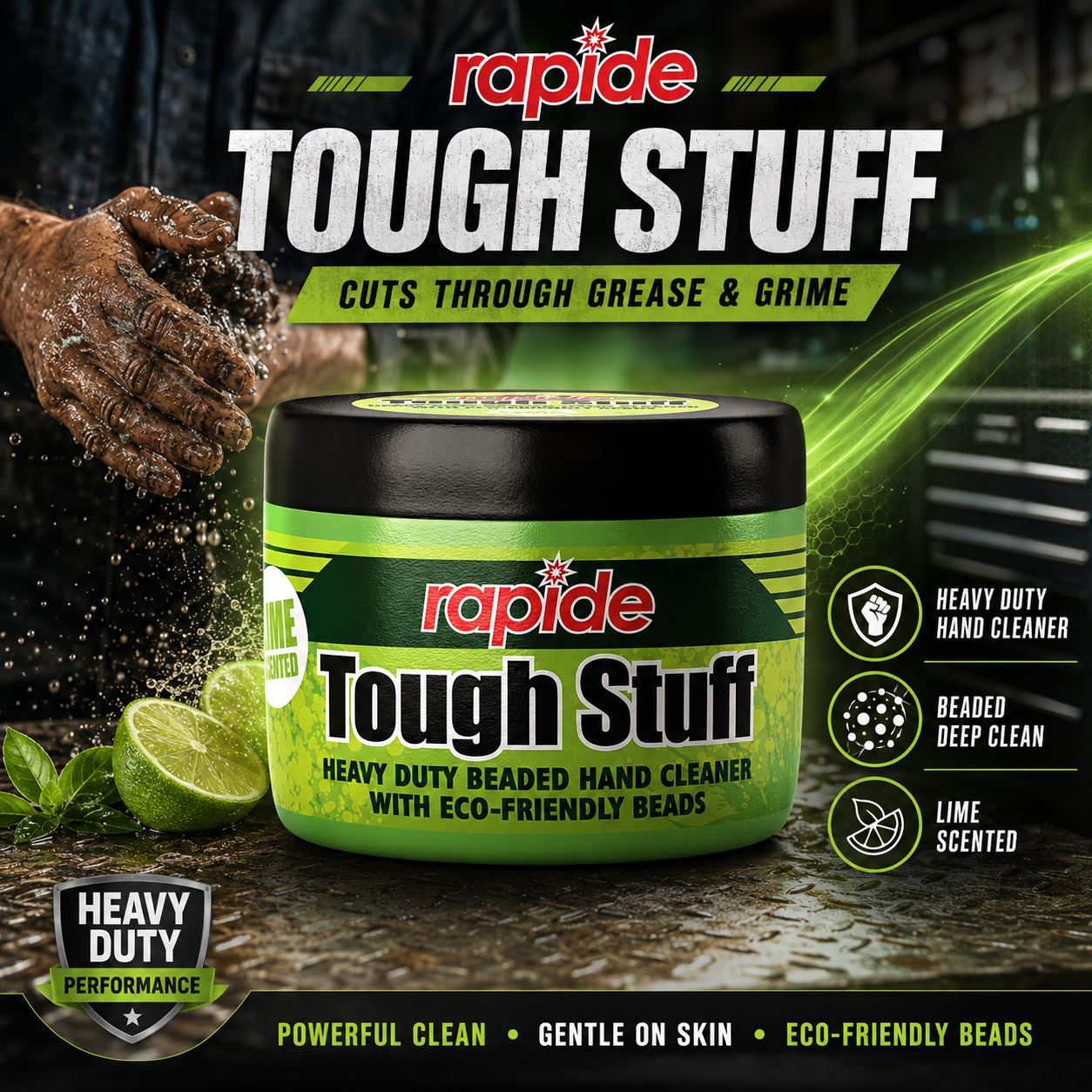 Rapide Tough Stuff heavy duty hand cleaner with eco-friendly beads for greasy hands, lime scented