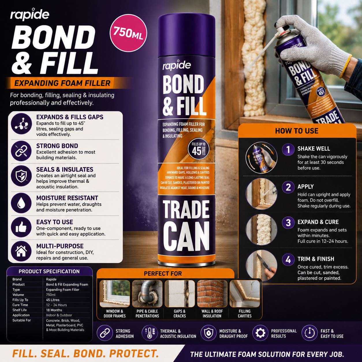 Rapide Bond and Fill 750ml expanding foam for effective bonding and filling in various jobs
