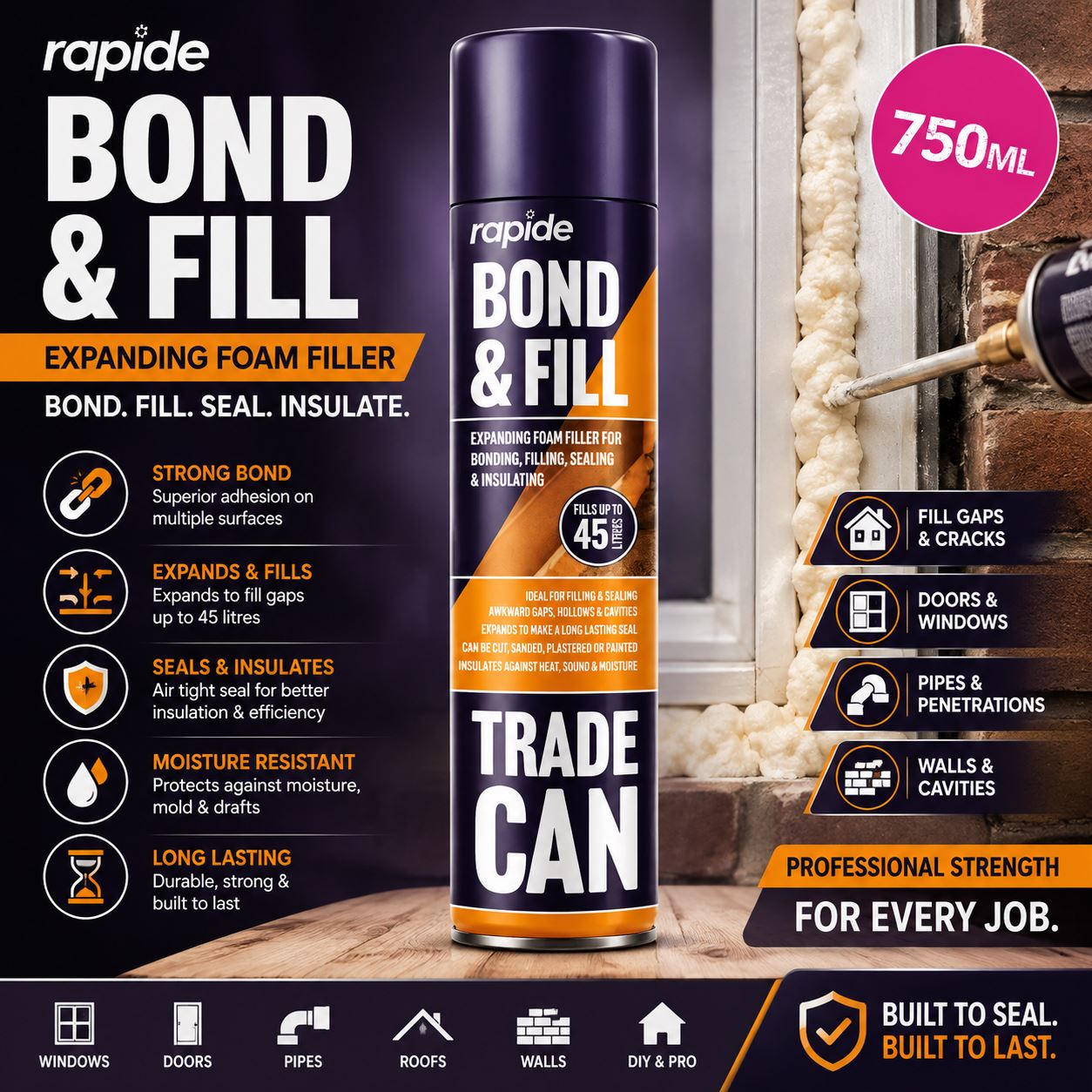 Rapide Bond and Fill Expanding Foam Filler in 750ml can for sealing gaps and insulation