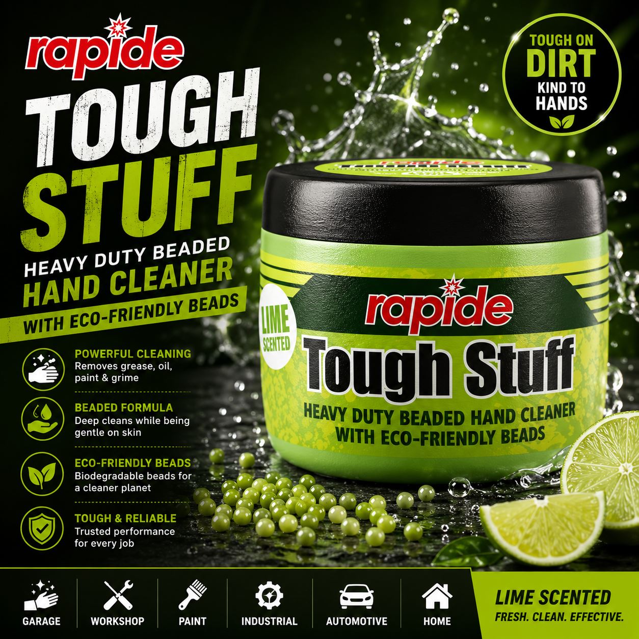 Rapide Tough Stuff Heavy Duty Hand Cleaner with Eco-Friendly Beads for Tough Dirt, Lime Scented