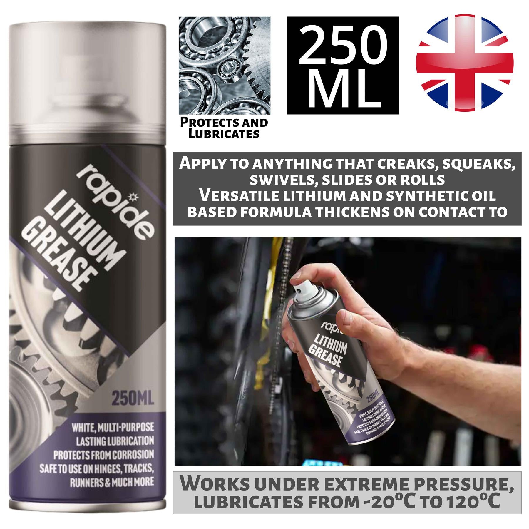 Rapide lithium grease 250ml spray for lubrication, protects and thickens on contact
