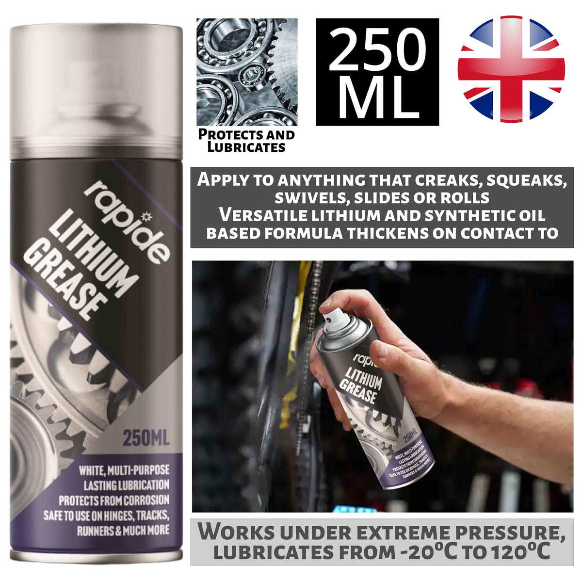 Rapide lithium grease 250ml spray for lubrication, protects and thickens on contact