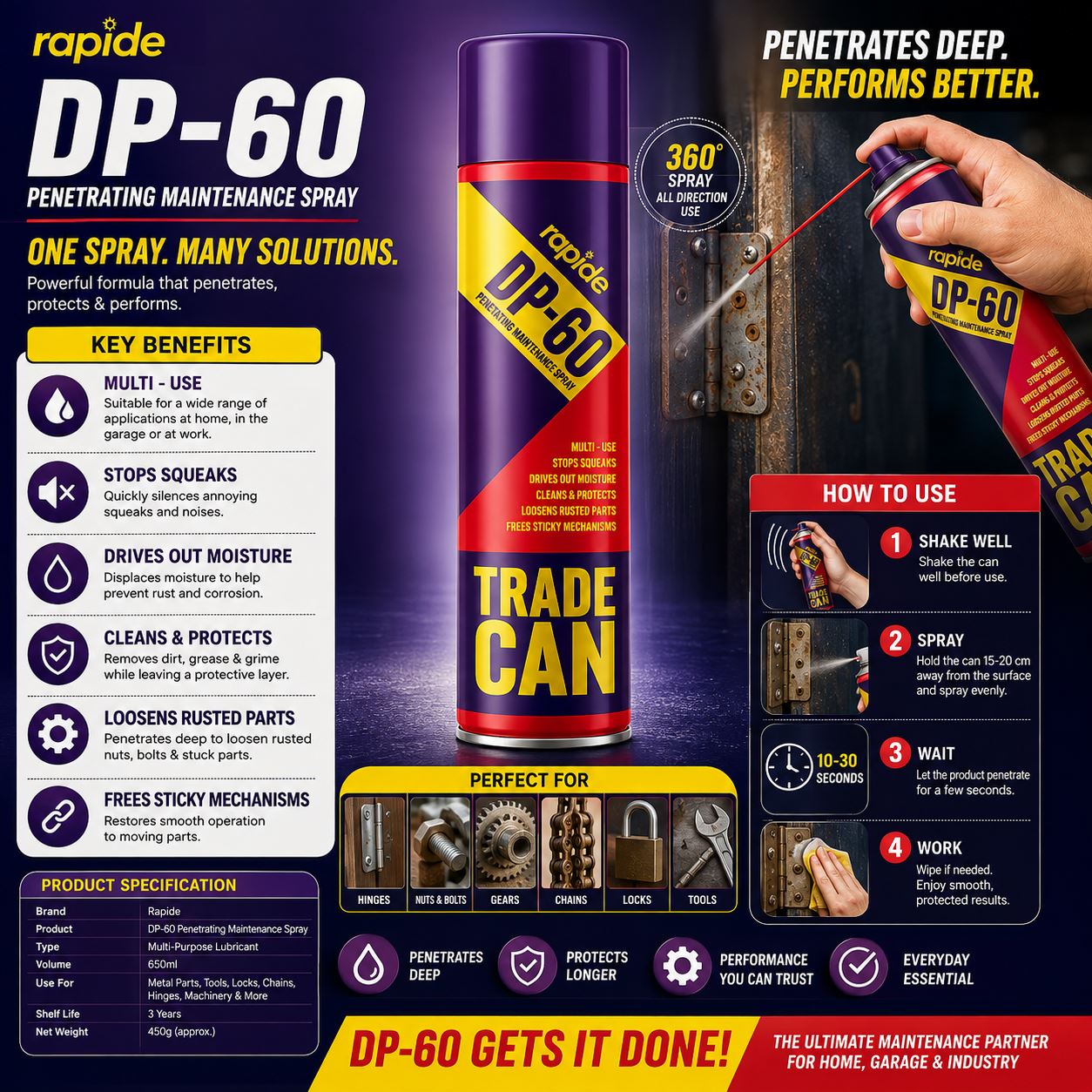 Rapide DP-60 Lubricant Spray Silicone for deep penetration and protection, perfect for home and industry.