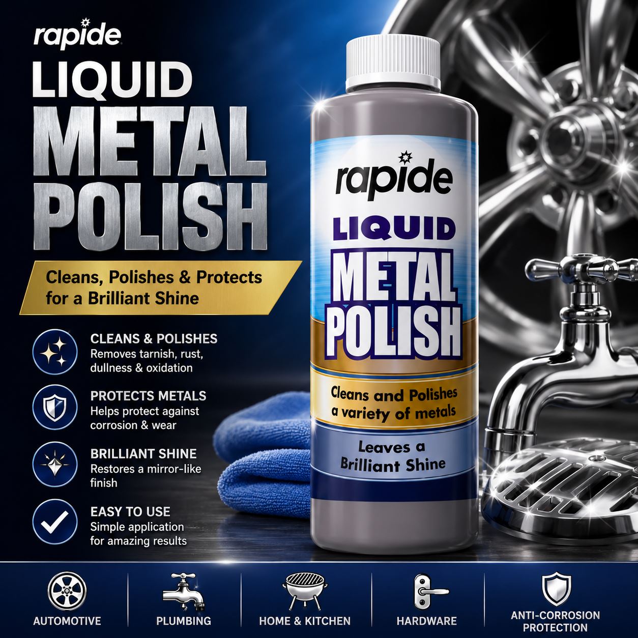 Rapide Liquid Metal Polish for cleaning and protecting surfaces with a brilliant shine