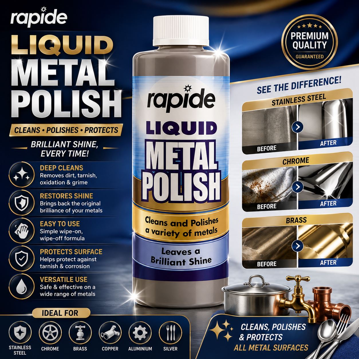 Rapide Liquid Metal Polish for cleaning, polishing, and protecting various metal surfaces