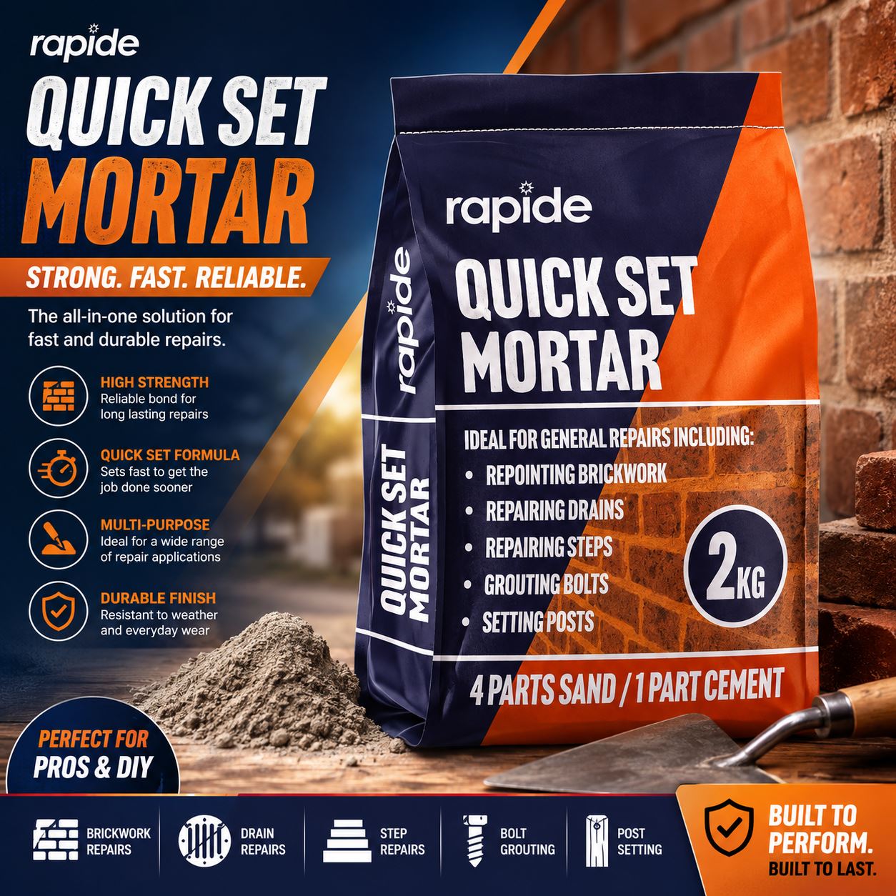 Rapide Quick Set Mortar 2kg bag, ideal for DIY repairs using mix ready mix concrete for durable results