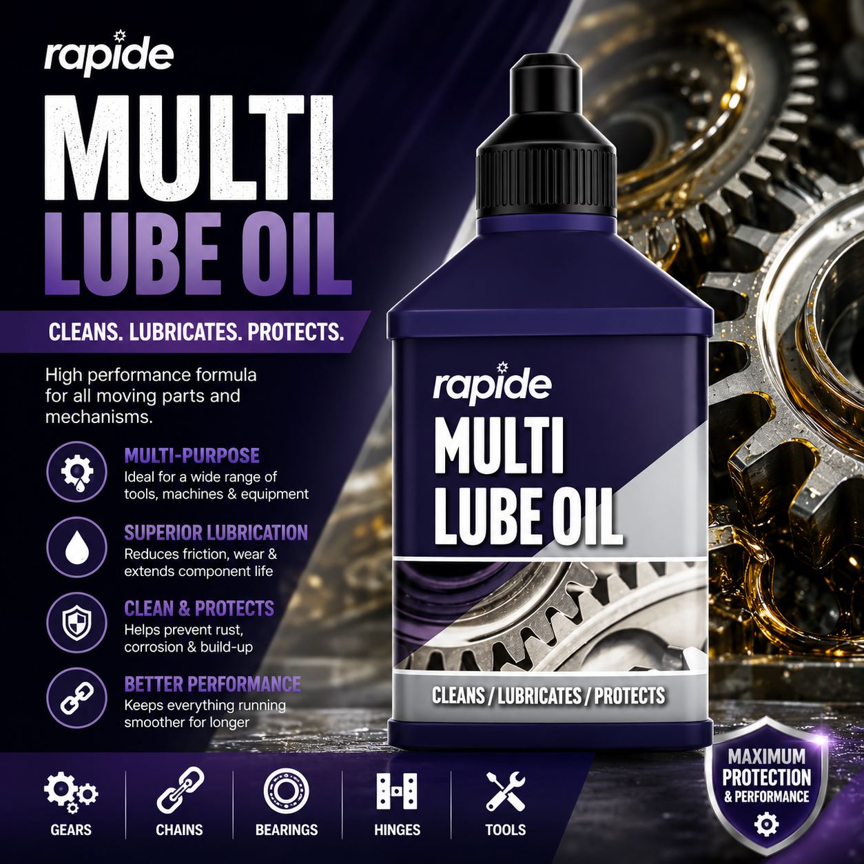 Rapide Multi Lube Oil, a versatile oil lubricant for cleaning and protecting machinery