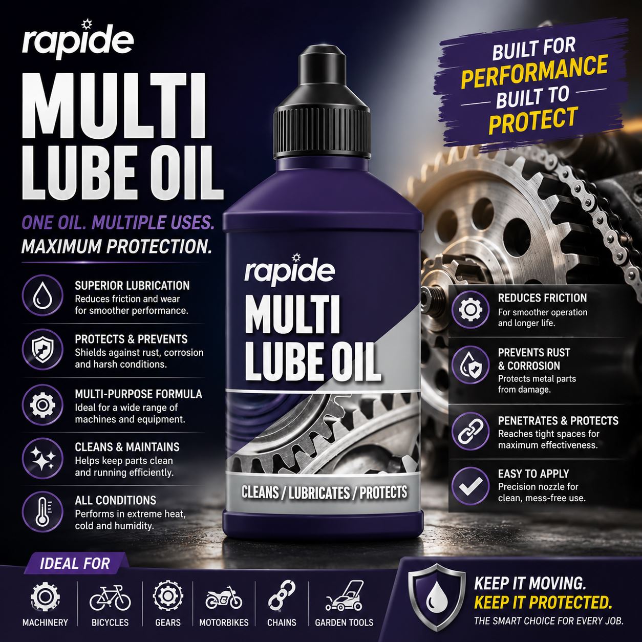 Rapide Multi Lube Oil for cleaning, lubricating, and protecting with maximum performance for all conditions
