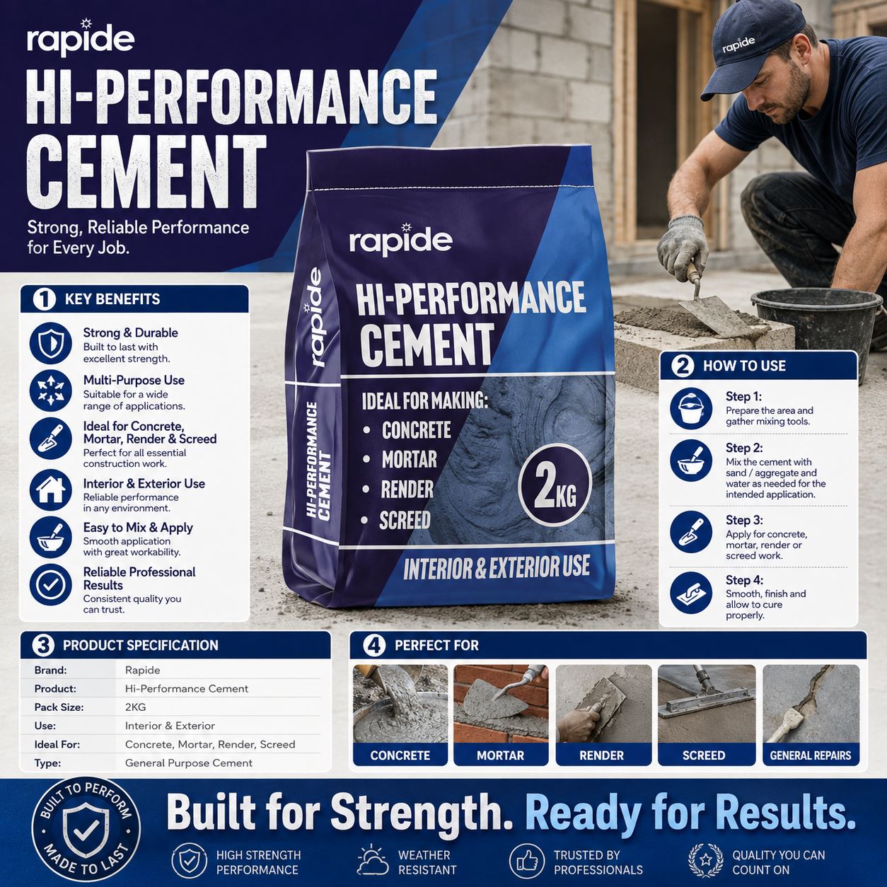 Rapide Hi-Performance Cement Bag, 2kg, Ideal for Concrete, Mortar and Render, featuring rapid set cement