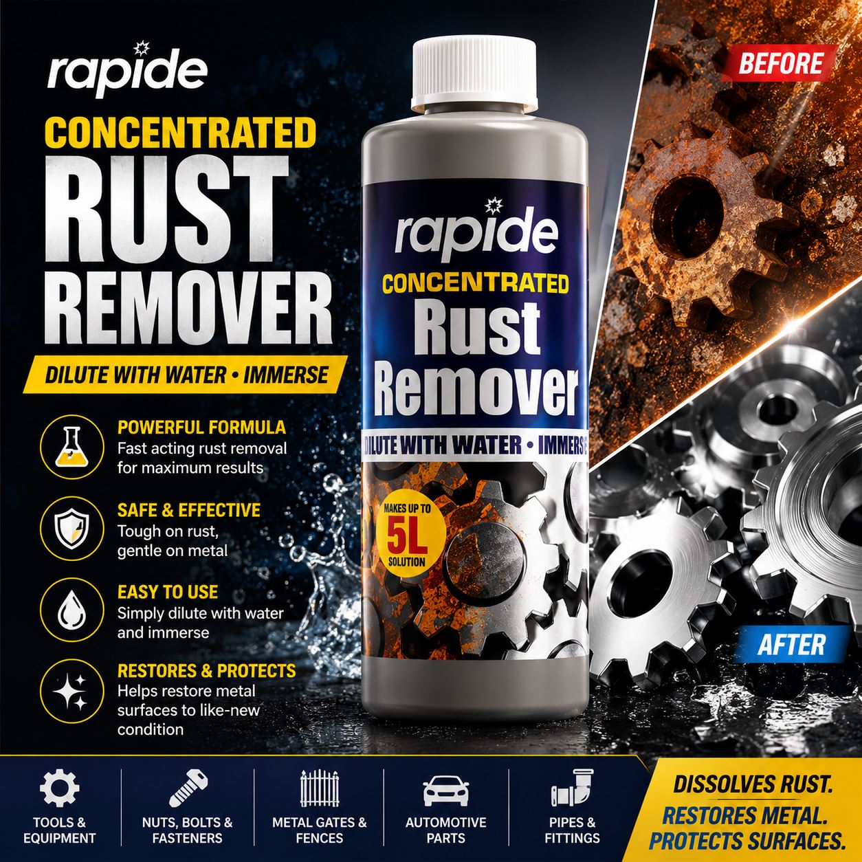 Rapide Concentrated Rust Remover in a 5L container with before and after images showing effective rust removal