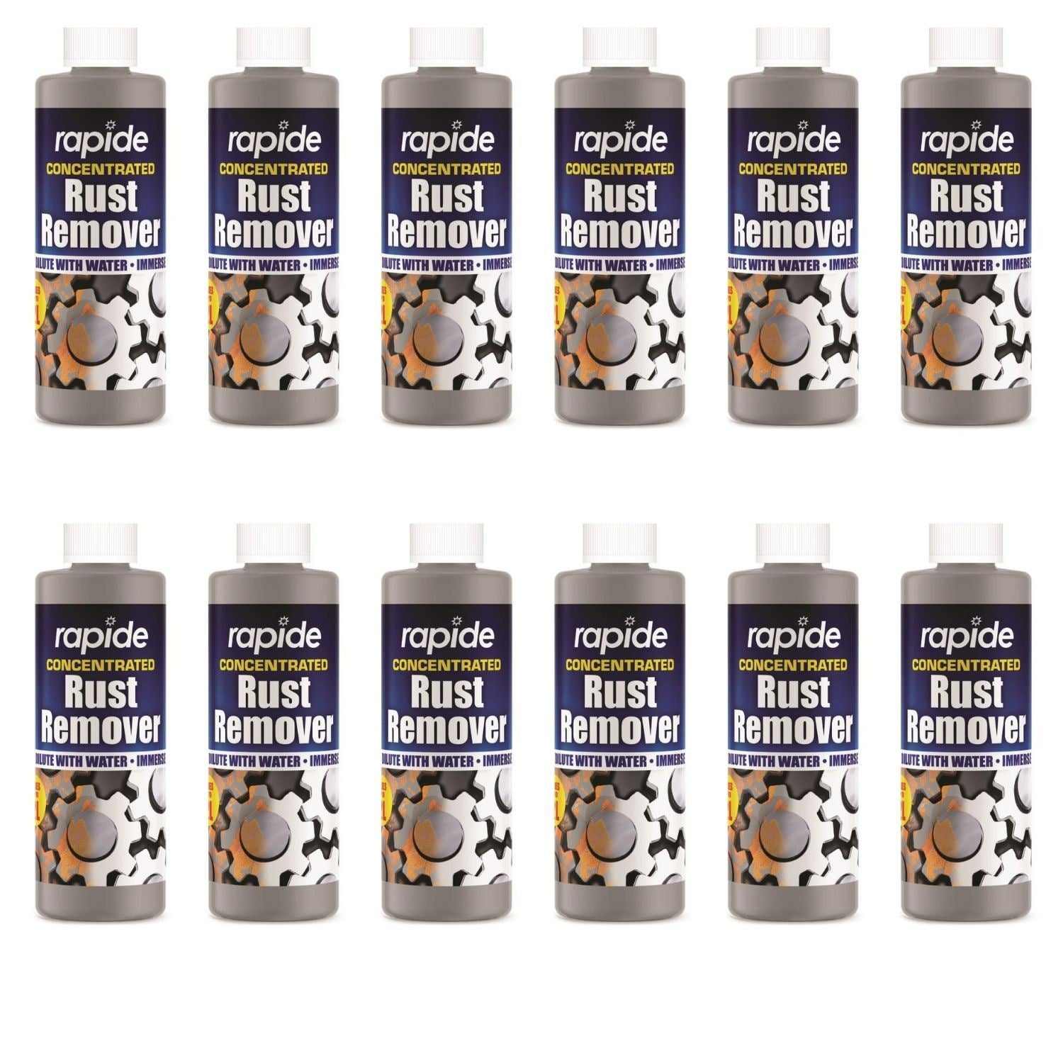 Rapide Concentrated Rust Remover for effective rust removal, 12 bottles arranged in a grid