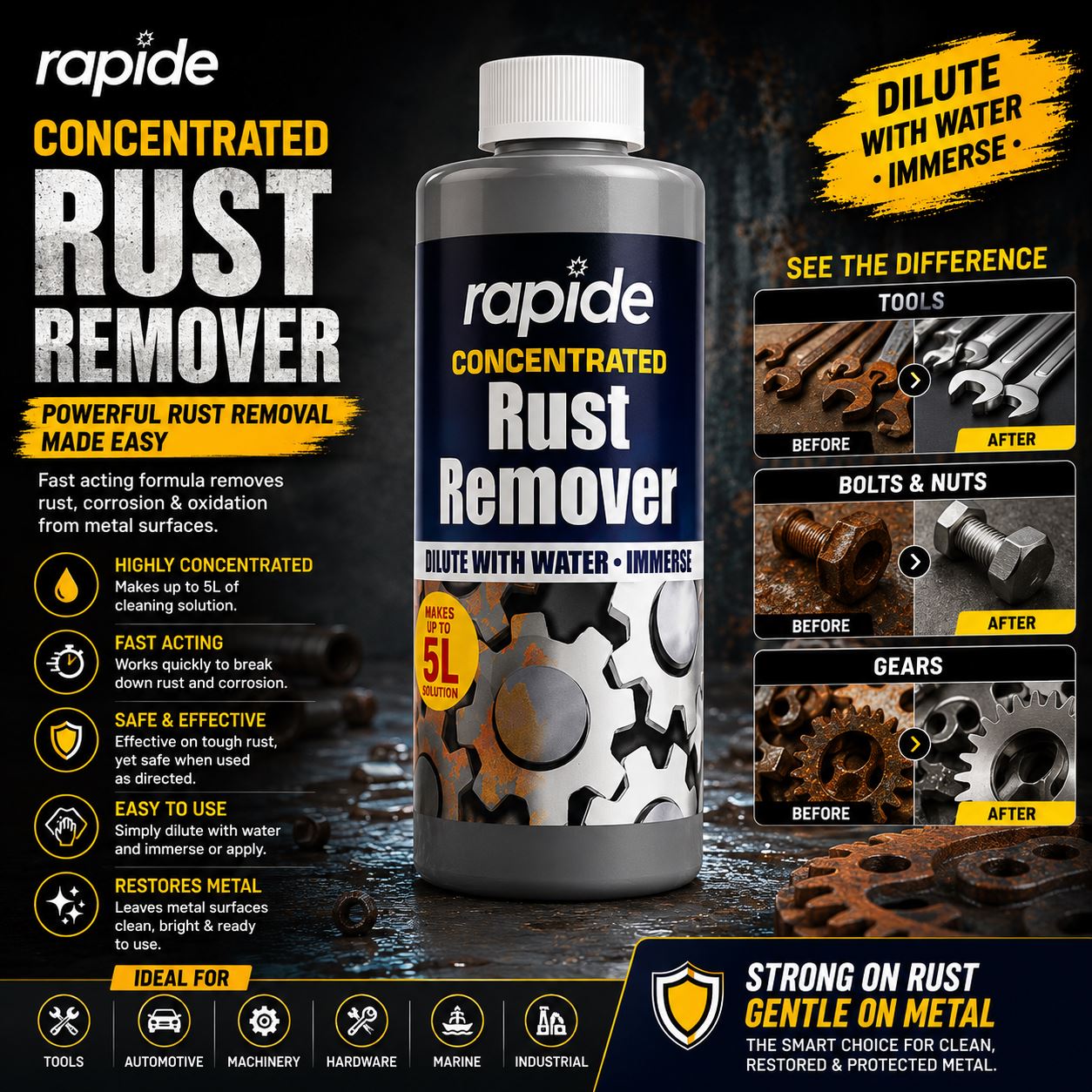 Rapide Concentrated Rust Remover for effective rust removal on metal surfaces with easy dilution