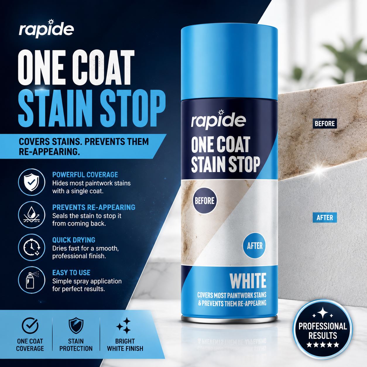 Rapide One Coat Stain Stop Spray Can for Stain Blocker Paint with Easy Application and Quick Drying