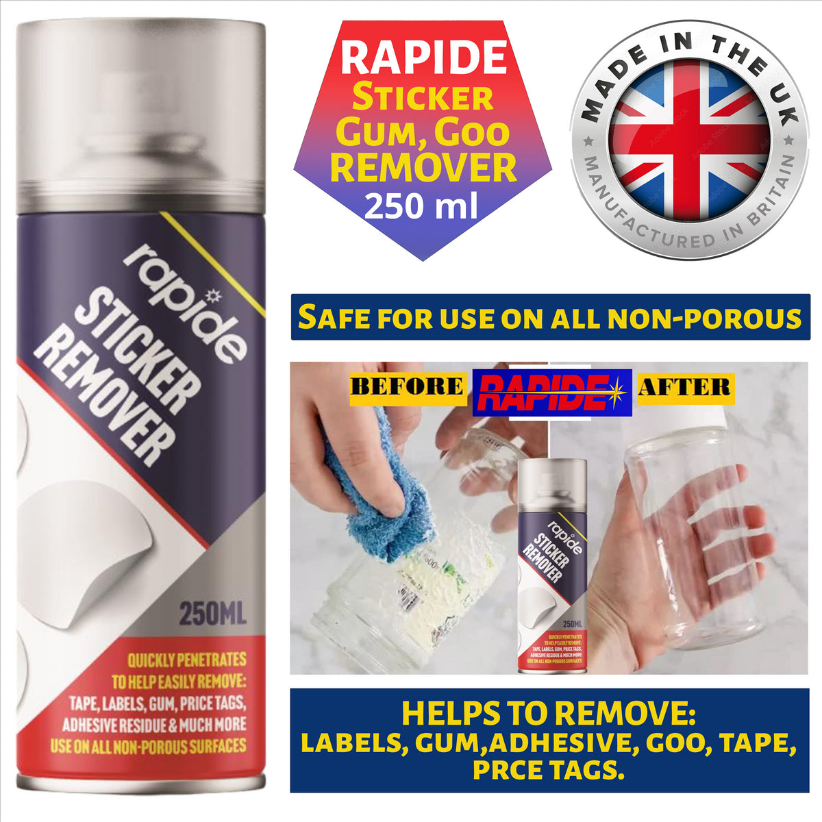 Rapide sticker remover spray 250ml for easy removal of labels, gum, and adhesive from non-porous surfaces