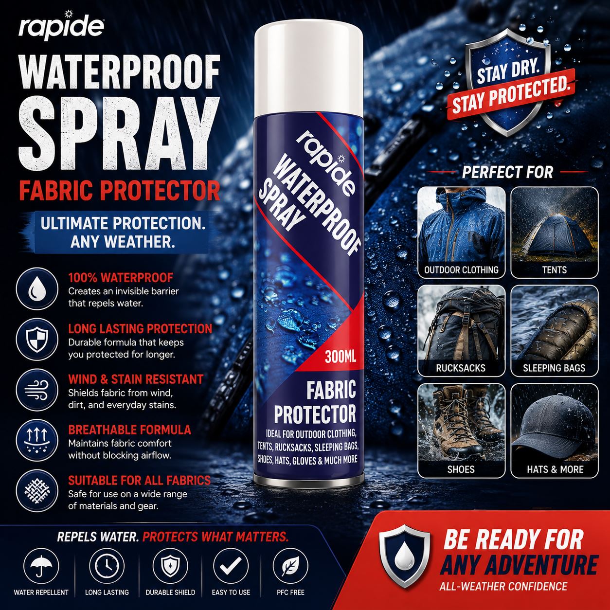 Rapide waterproof spray in 300ml can for ultimate fabric protection against all weather