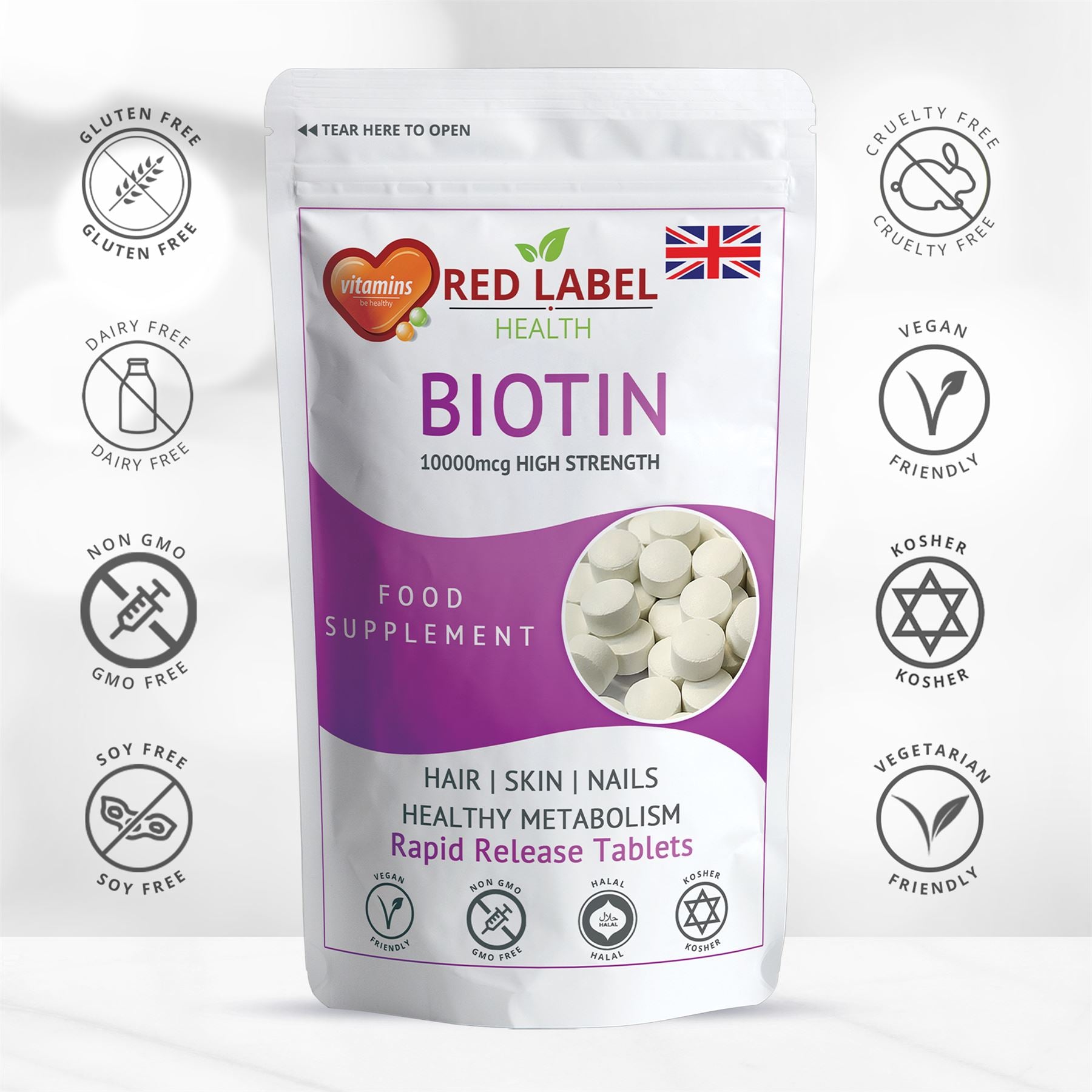 Red Label Health biotin 10mg tablets for hair, skin, and nails in a high strength food supplement pouch