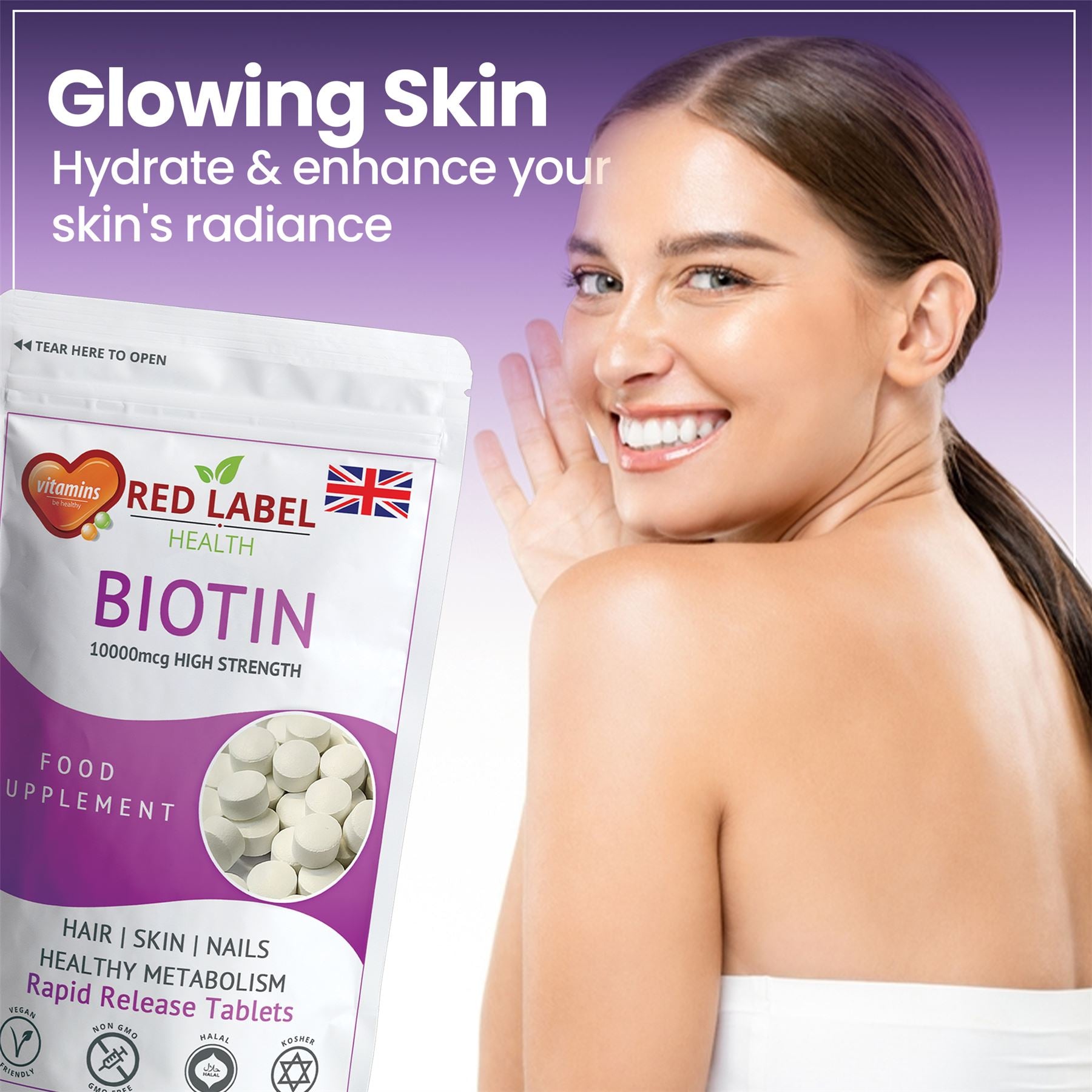 Red Label Health biotin 10mg tablets for glowing skin, hair, and nails in a rapid release format