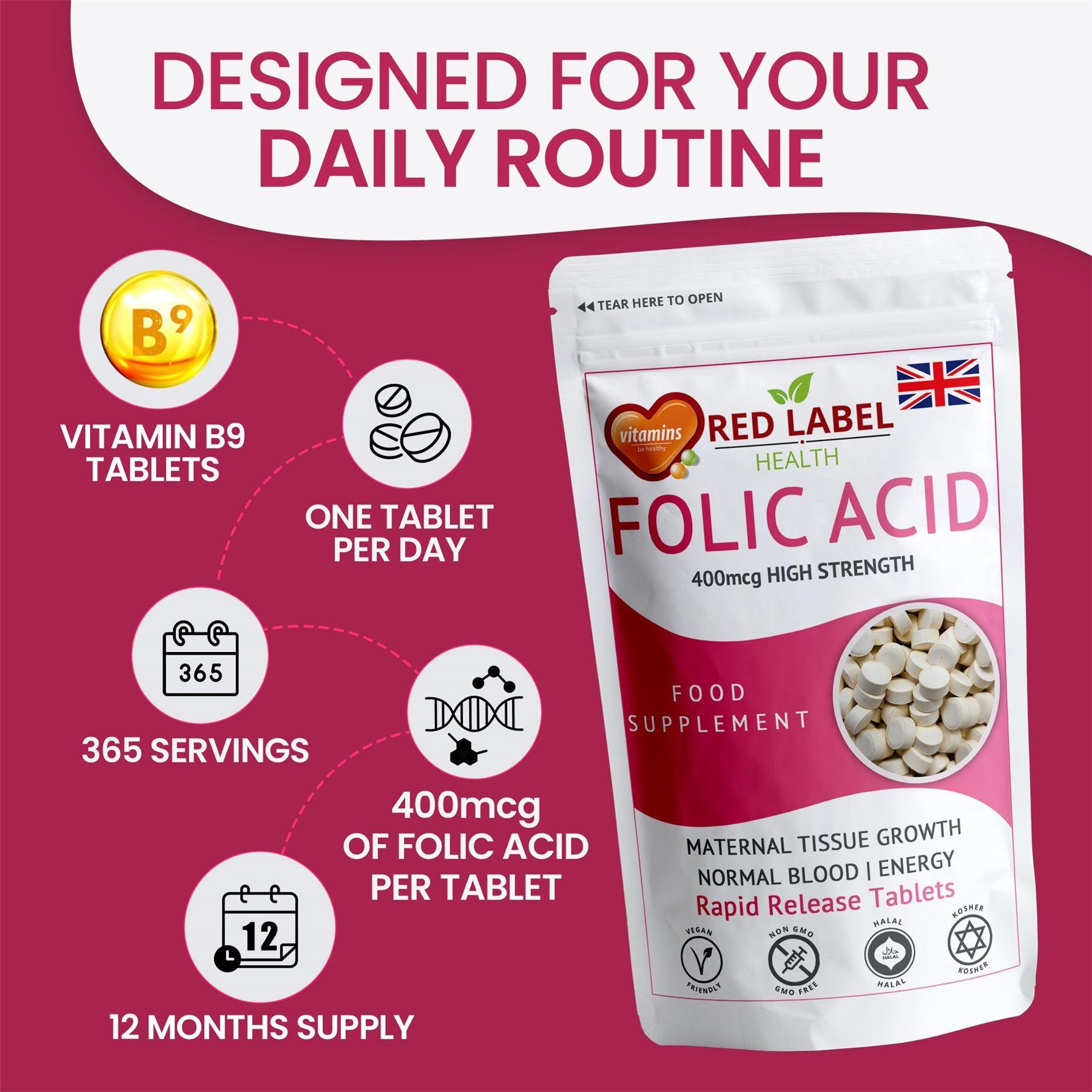 Red Label Health Folic Acid 400mcg tablets in a 12-month supply for daily health support