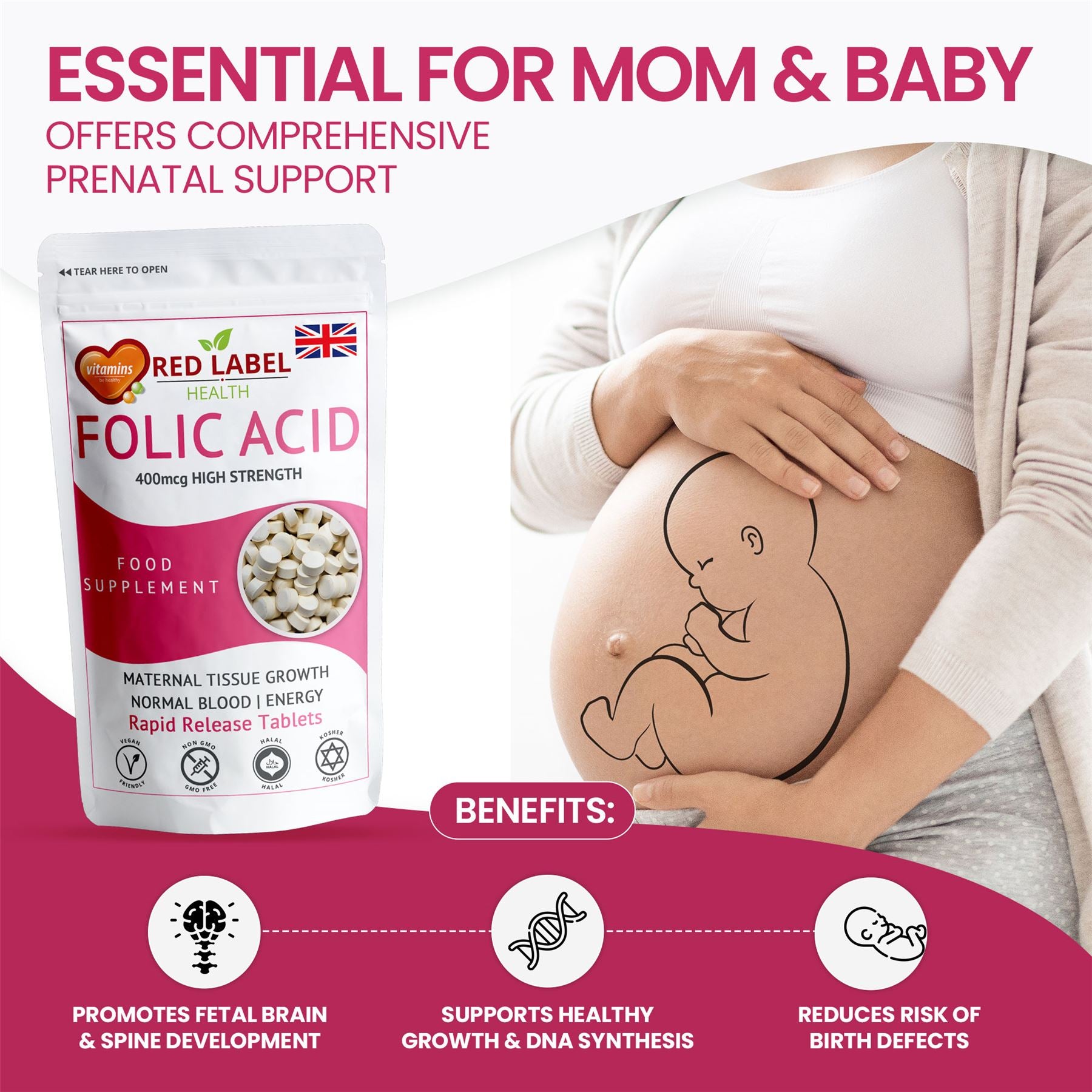 Red Label Health Folic Acid 400mcg tablets for prenatal support promoting maternal health and reducing birth defects