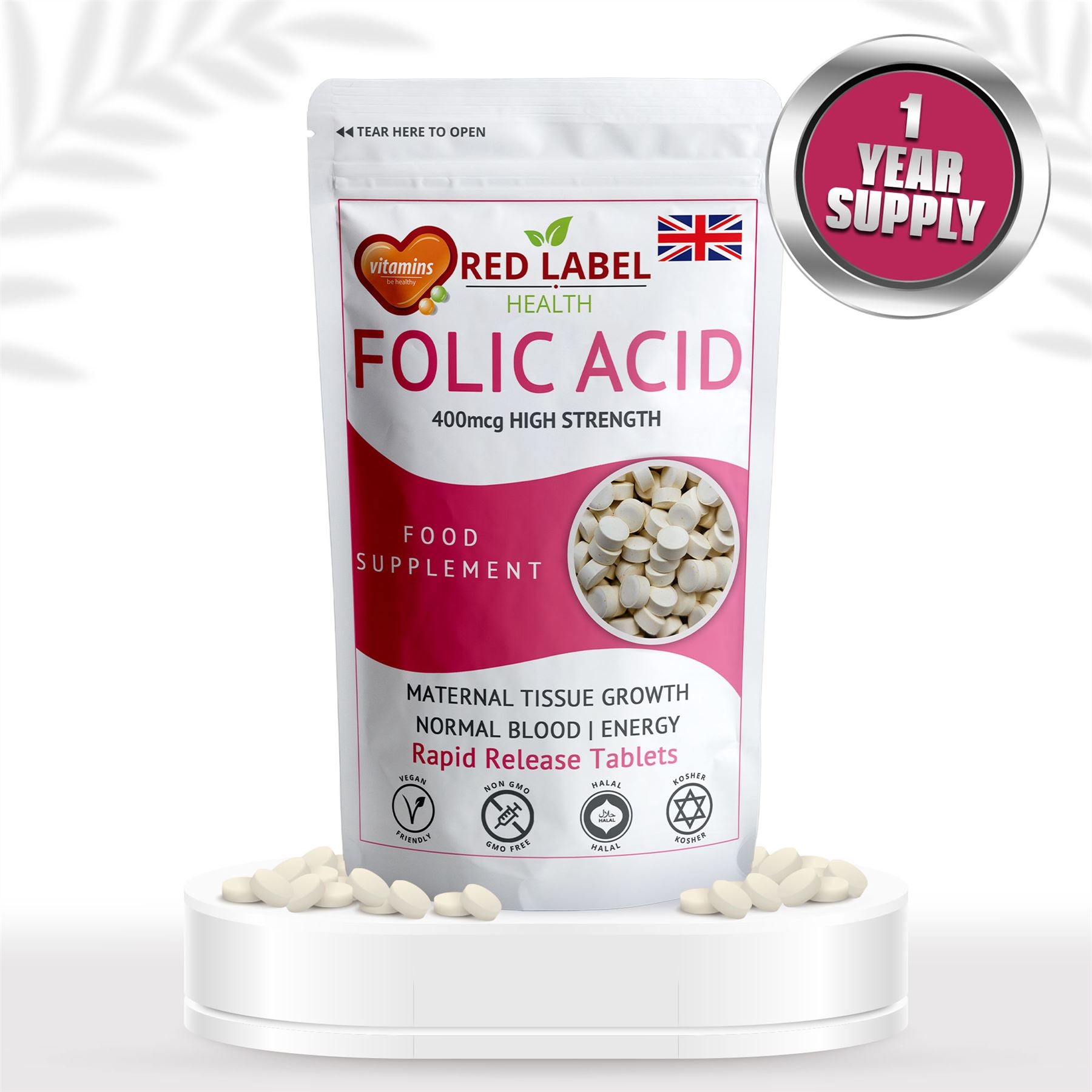 Red Label Health Folic Acid 400mcg tablets for maternal tissue growth and energy with a one year supply