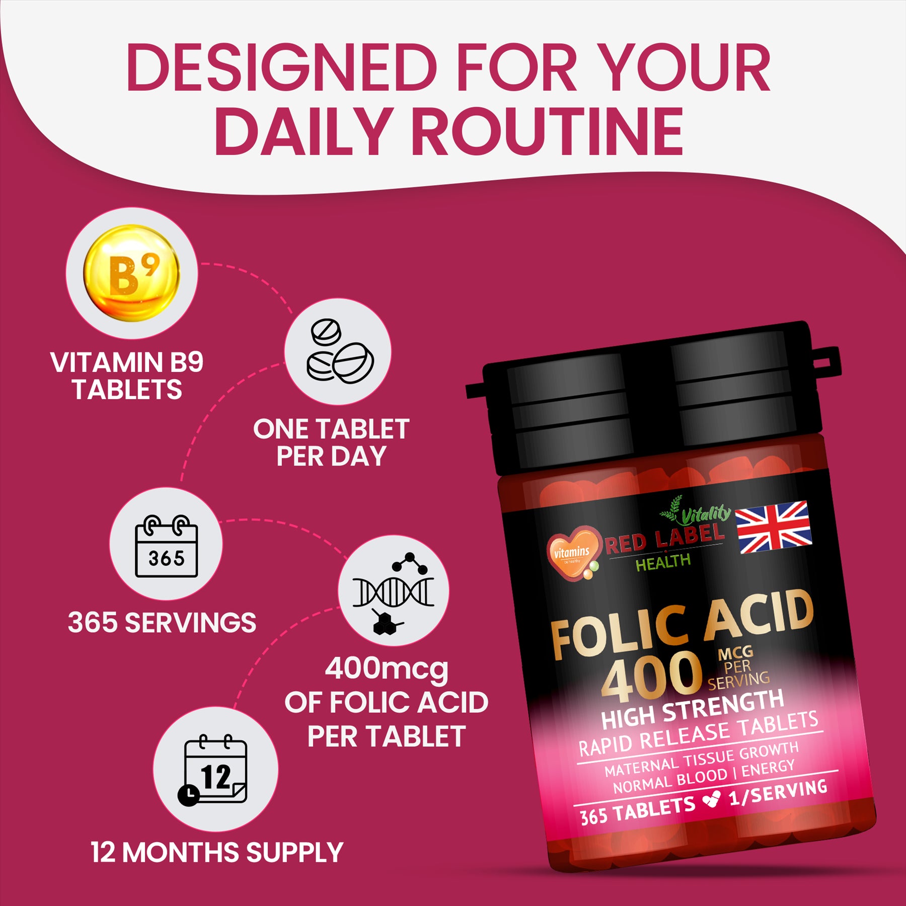 Red Label Health Folic Acid 400mcg tablets for daily vitamin B9 intake, with 365 servings