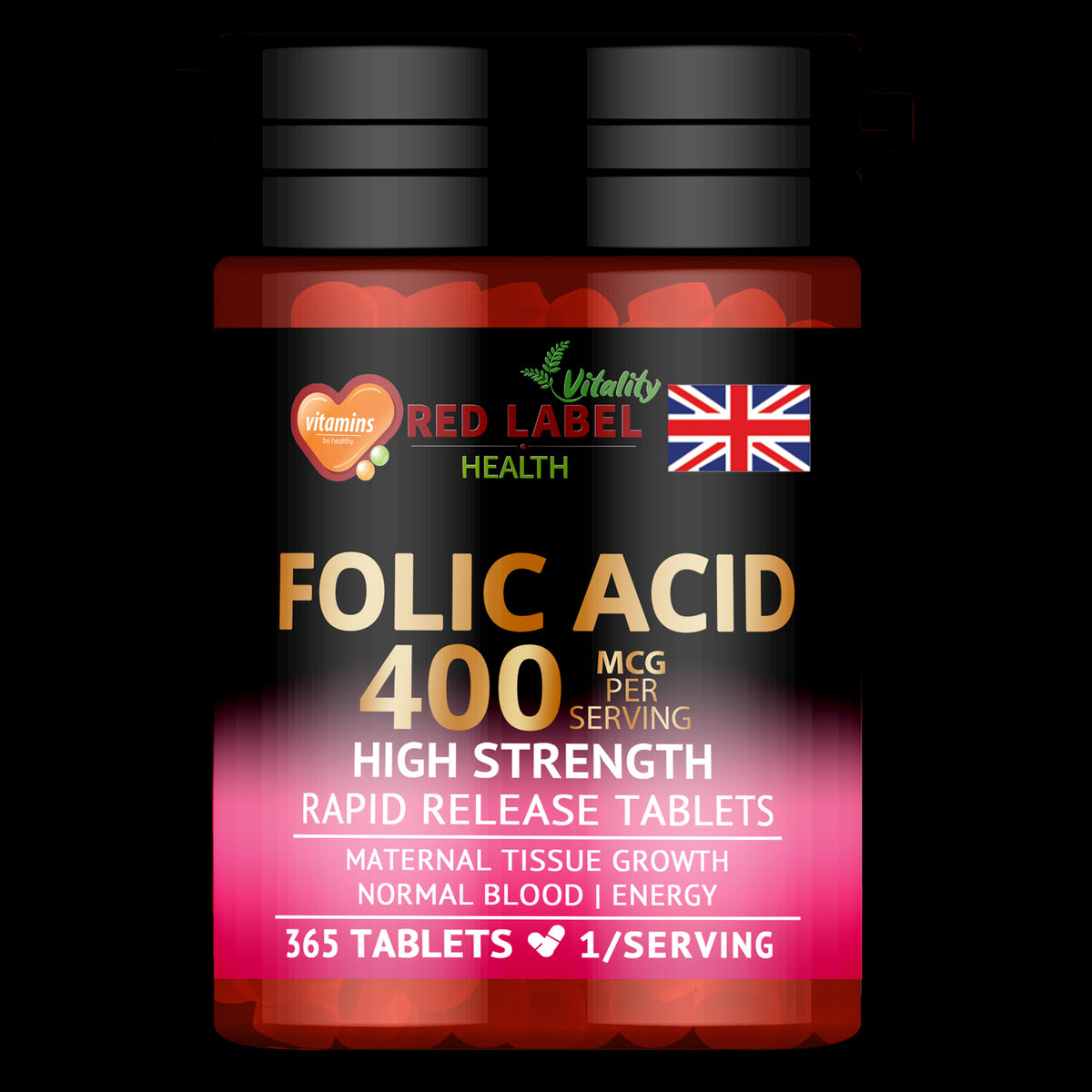 Red Label Health Folic Acid 400mcg Tablets for normal tissue growth and energy, 365 tablets in a bottle