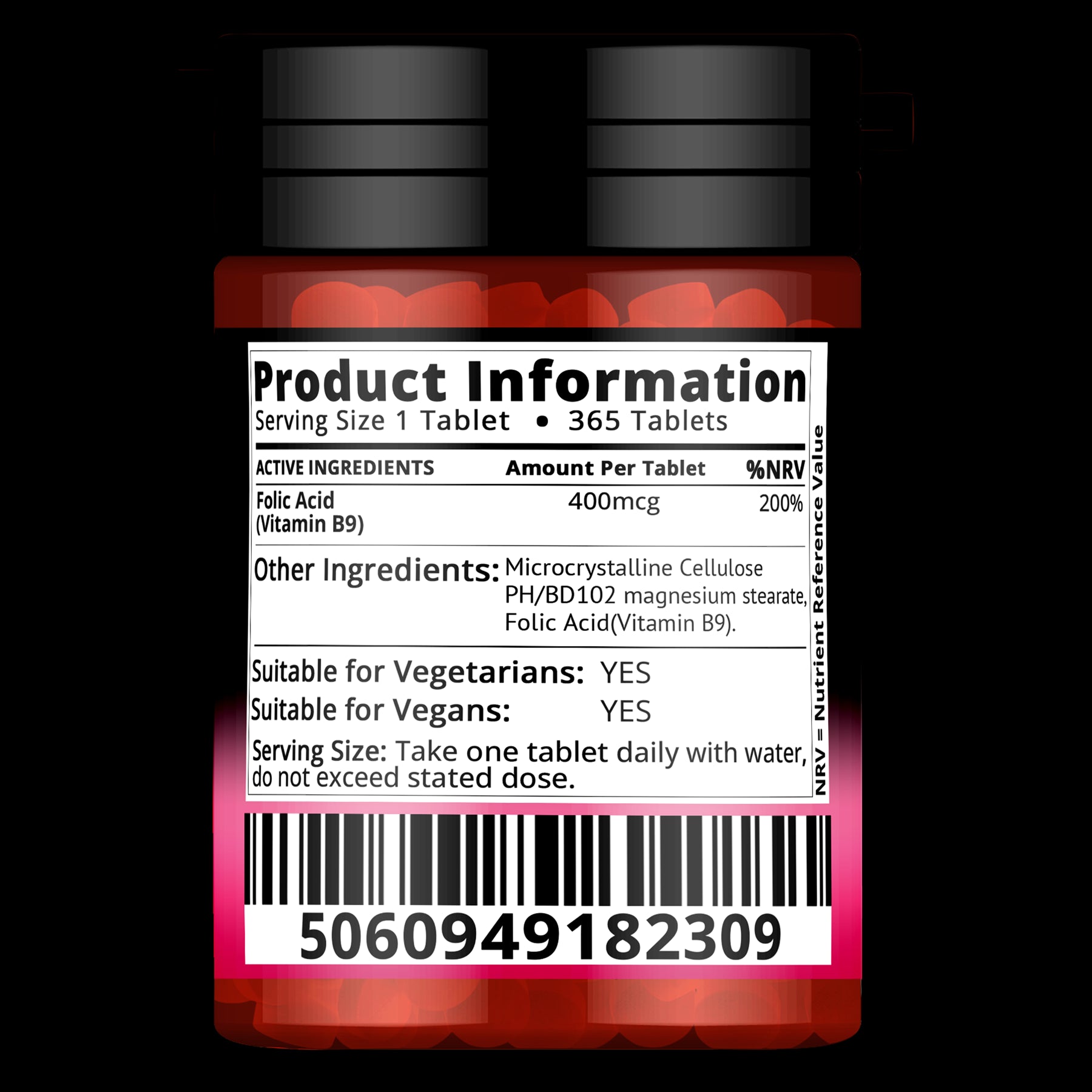 Red Label Health Folic Acid 400mcg tablets in a bottle with product information label