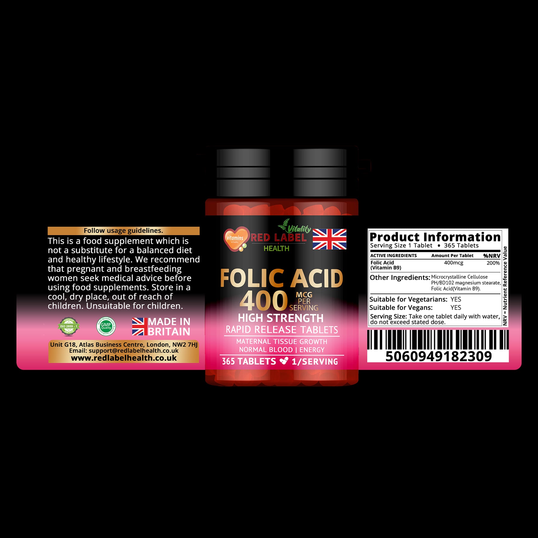 Red Label Health Folic Acid 400mcg tablets in a bottle with 365 rapid release tablets for daily supplement needs