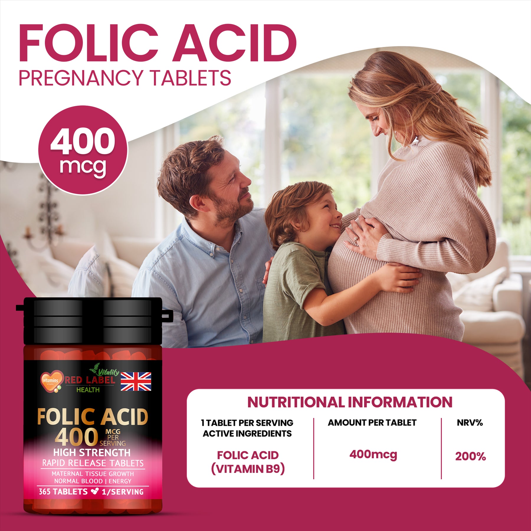 Red Label Health Folic Acid 400mcg Tablets in a bottle with packaging, suitable for pregnancy support