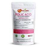 Red Label Health Folic Acid 400mcg tablets in a resealable pouch for high strength vitamin support