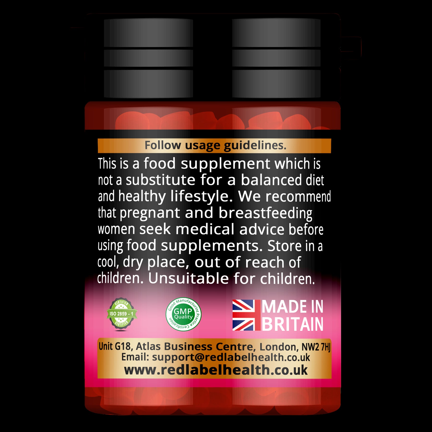 Red Label Health Folic Acid 400mcg tablets in a black bottle for dietary support during pregnancy