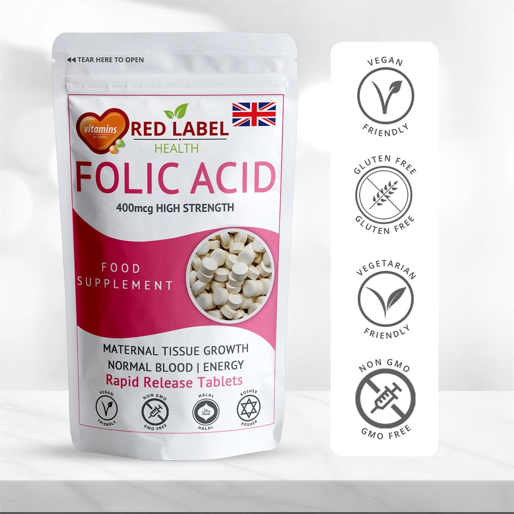 Red Label Health Folic Acid 400mcg Tablets in a resealable pouch for maternal tissue growth and energy