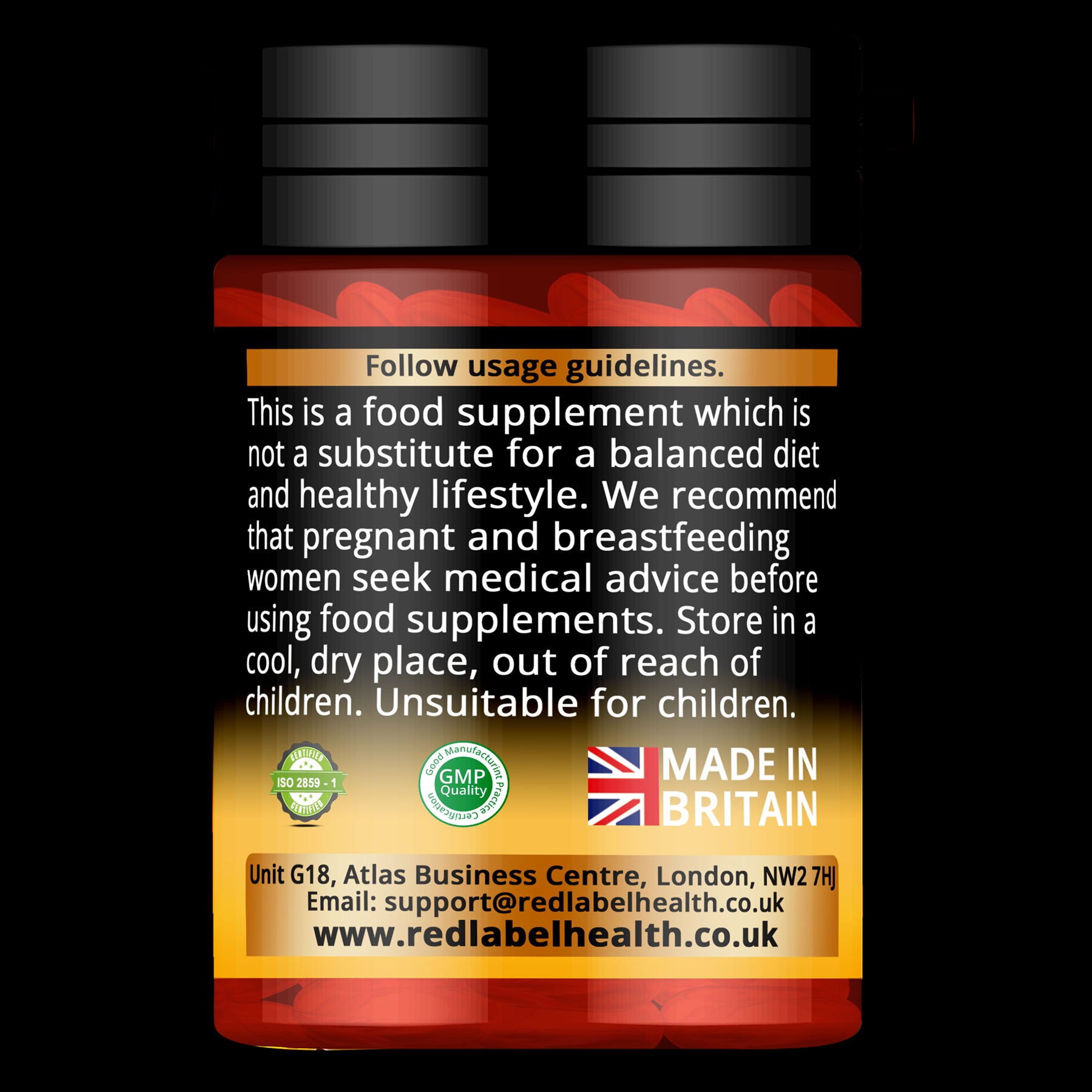 Red Label Health omega 3 fish oil capsules 1000mg bottle showing supplement guidance and Made in Britain label