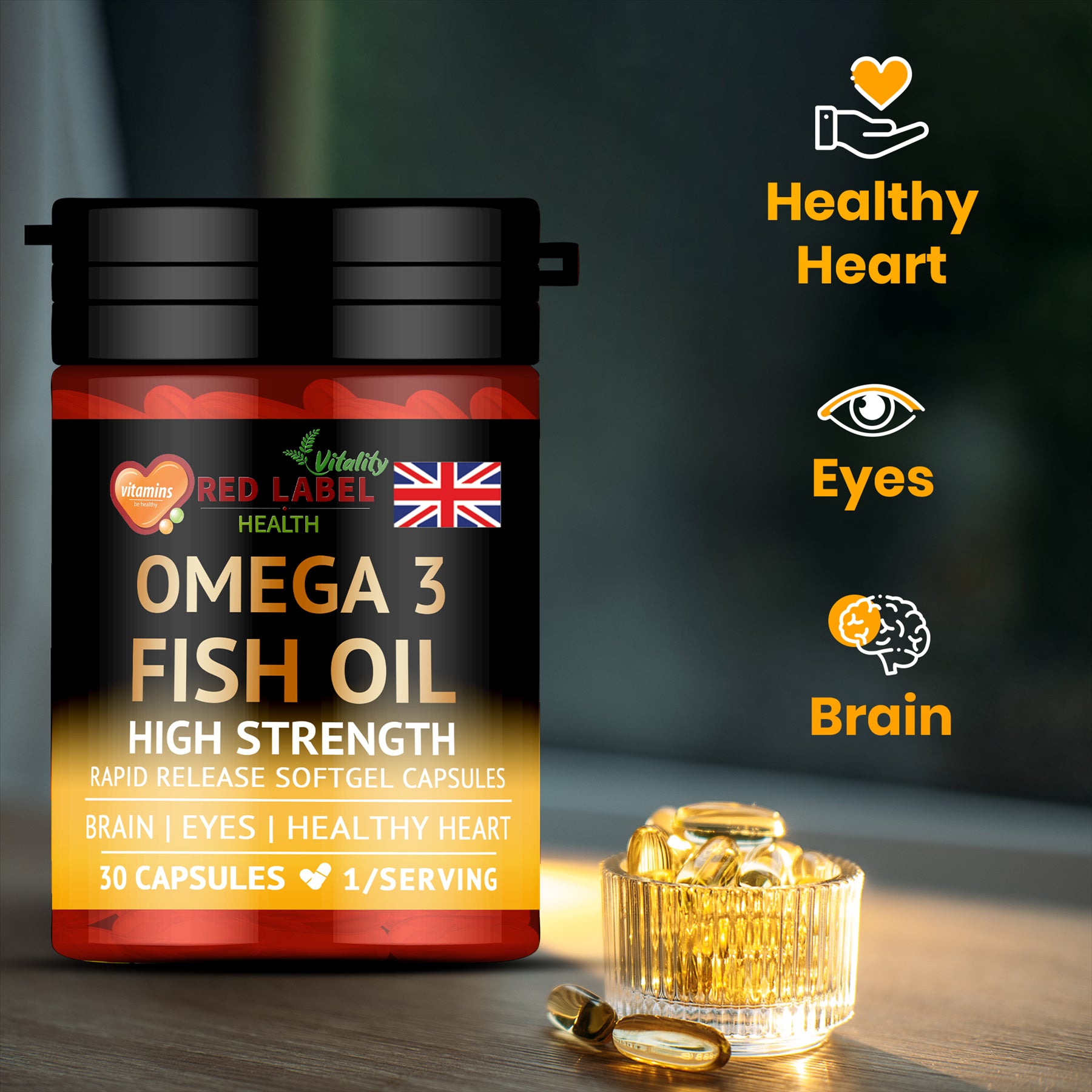 Red Label Health Omega 3 Fish Oil 1000mg capsules for a healthy heart, brain and eyes