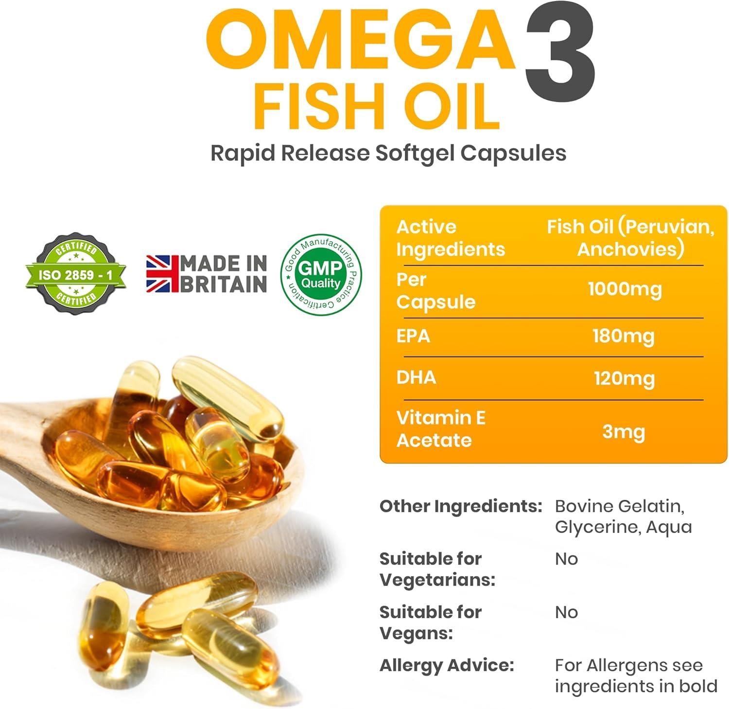 Red Label Health omega 3 fish oil capsules 1000mg in softgel form on a wooden spoon