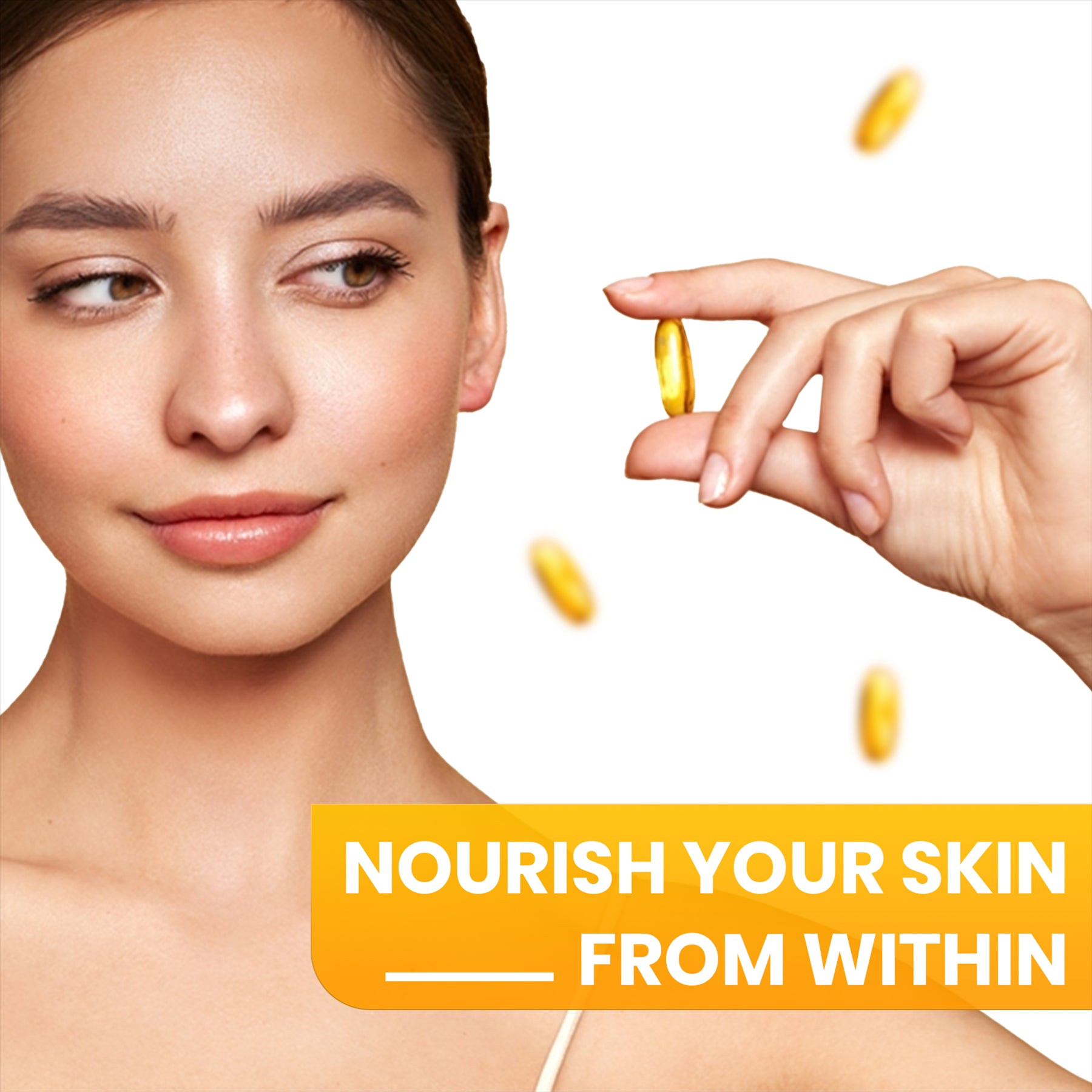 Red Label Health omega 3 fish oil capsules 1000mg held by a woman for skin health benefits