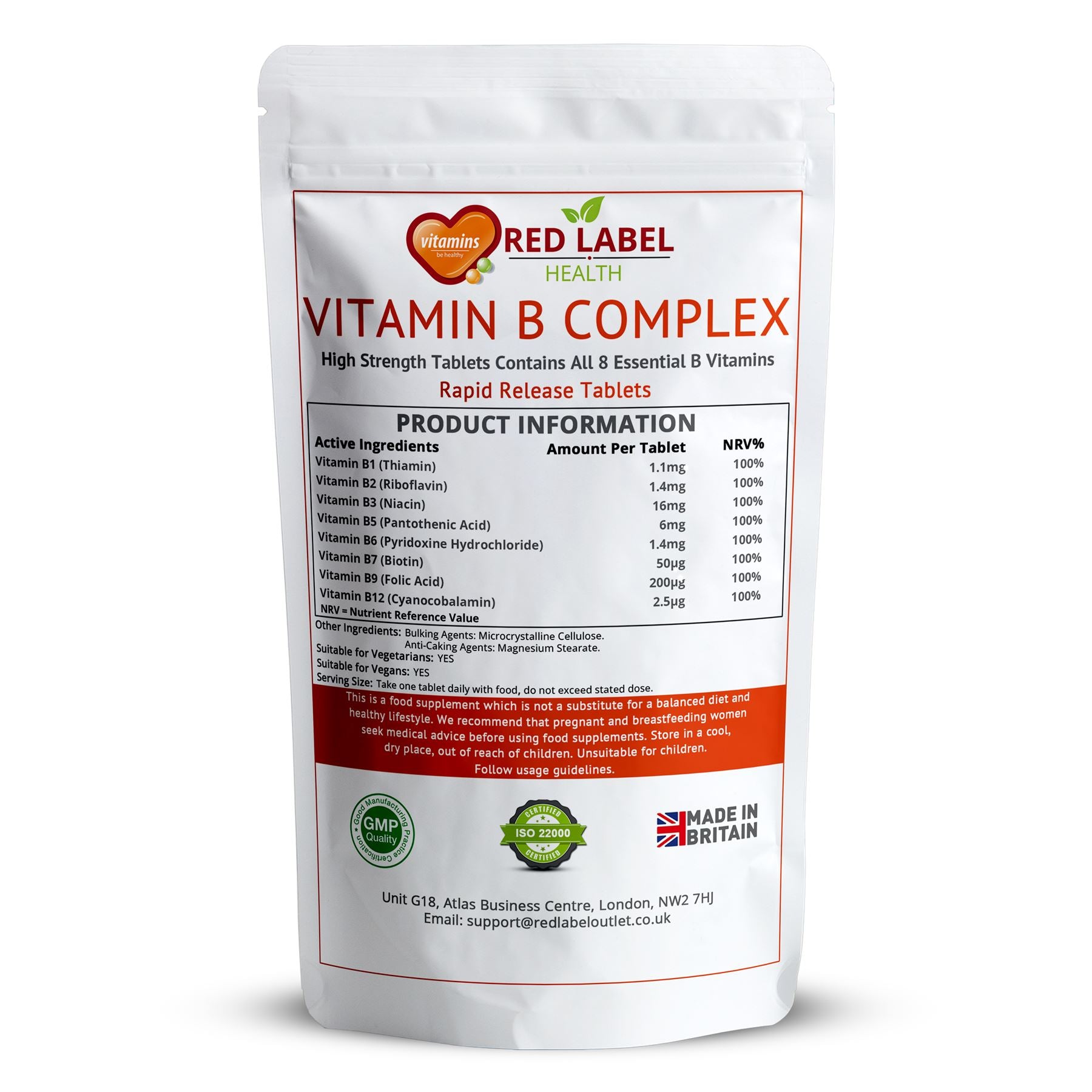 Red Label Health Vitamin B Complex Tablets UK with all essential B vitamins for energy support