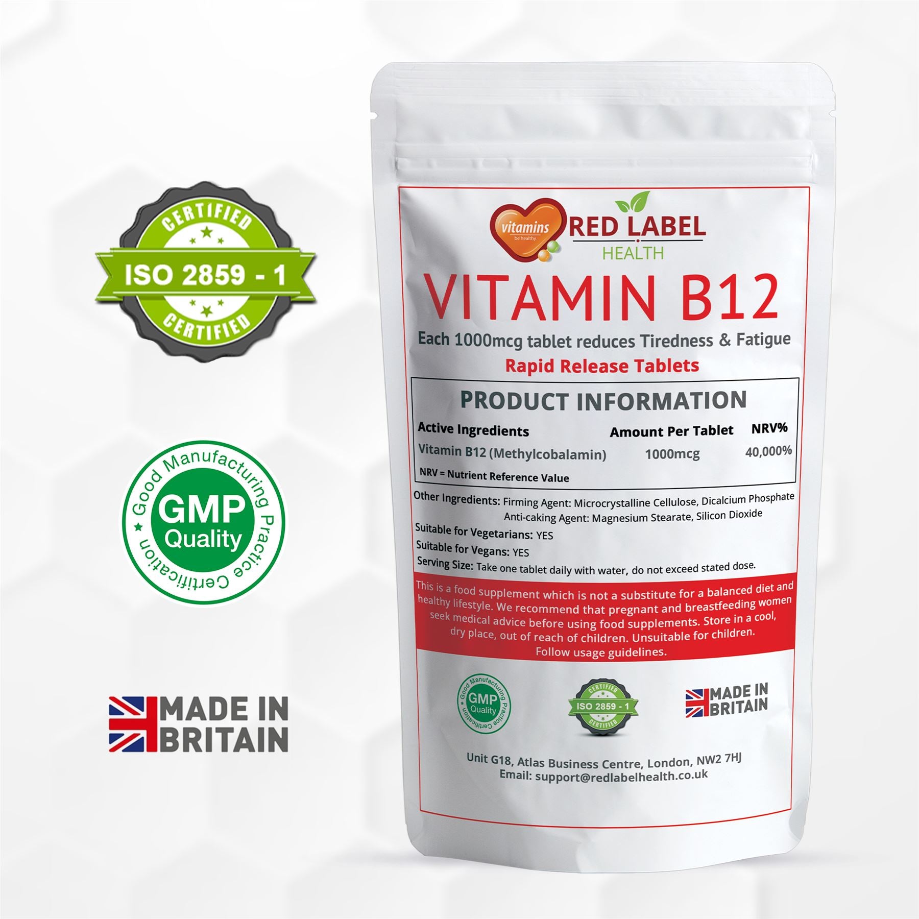 Red Label Health Vitamin B12 1000mcg tablets in a resealable pouch for energy and vitality