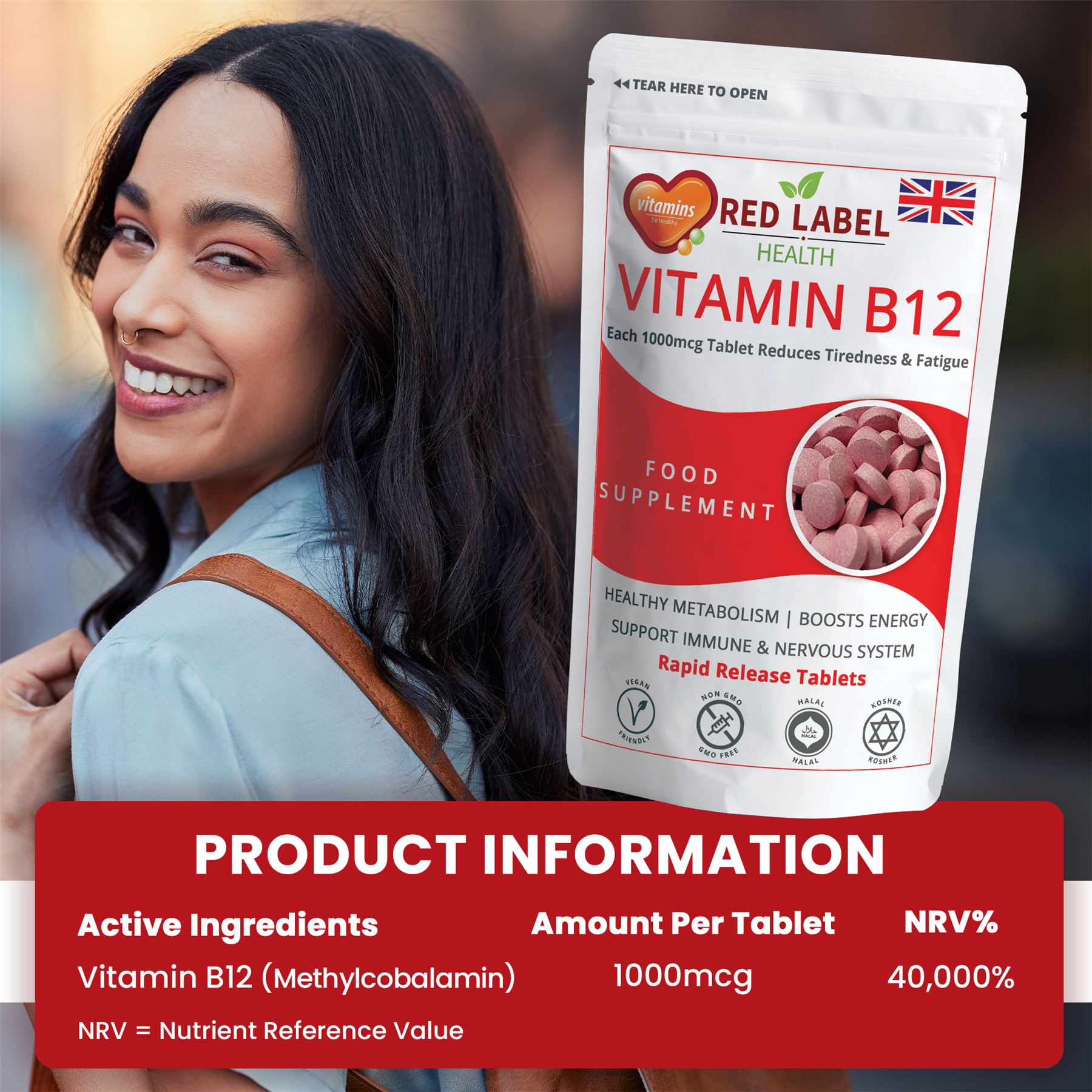 Red Label Health vitamin B12 1000mcg tablets packaging with a cheerful woman smiling in the background
