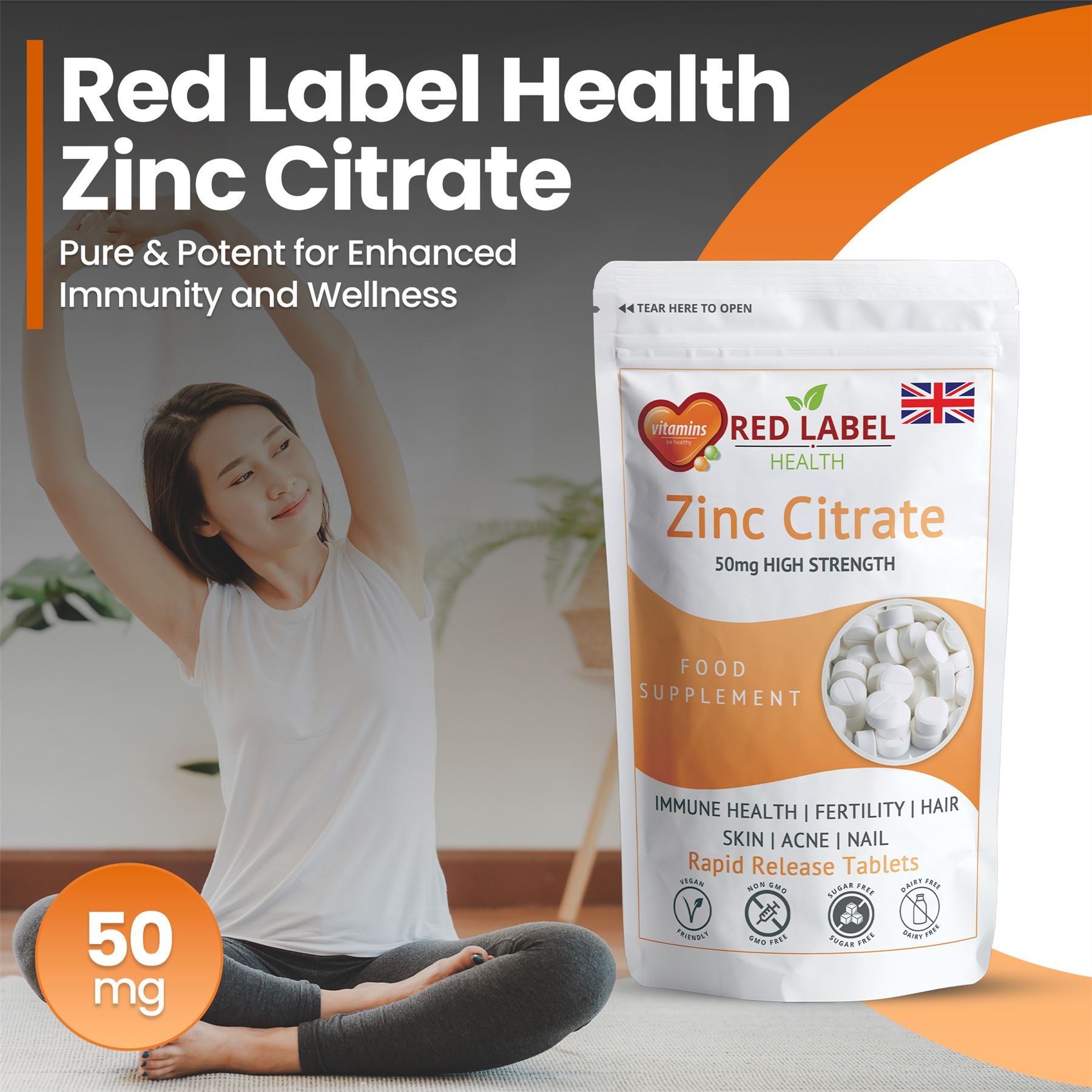 Red Label Health Zinc Citrate 50mg tablets for enhanced immunity and wellness with key benefits listed