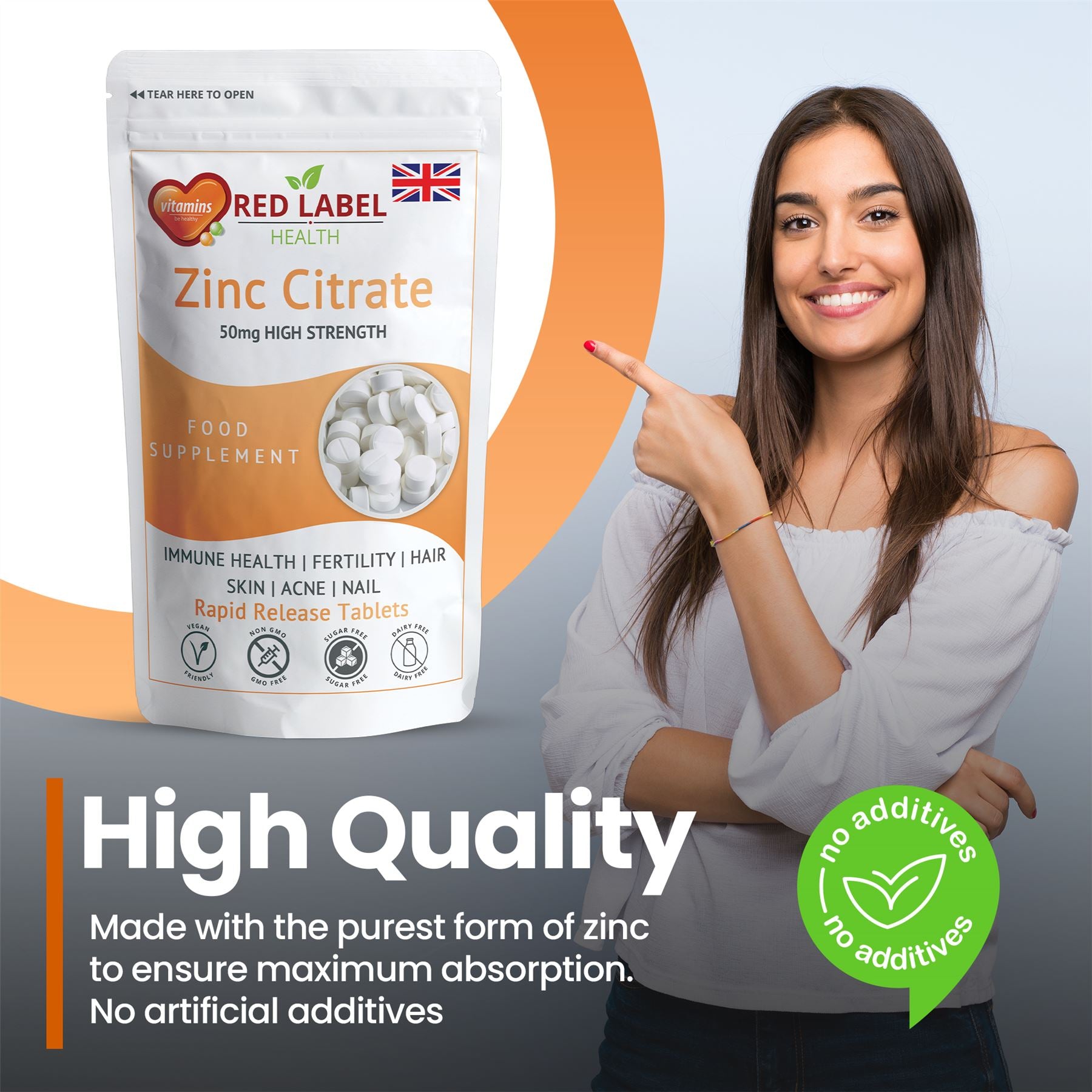 Red Label Health Zinc Citrate 50mg tablets in a pouch for immune health and skin benefits