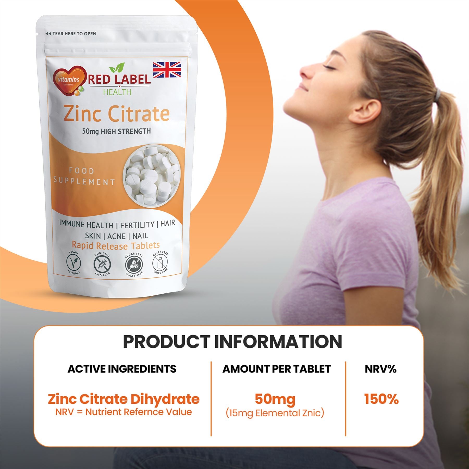 Red Label Health Zinc Citrate 50mg Tablets in a pouch promoting immune health and skin care