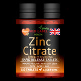 Red Label Health Zinc Citrate 50mg tablets in a 180-tablet bottle for immune support and skin health
