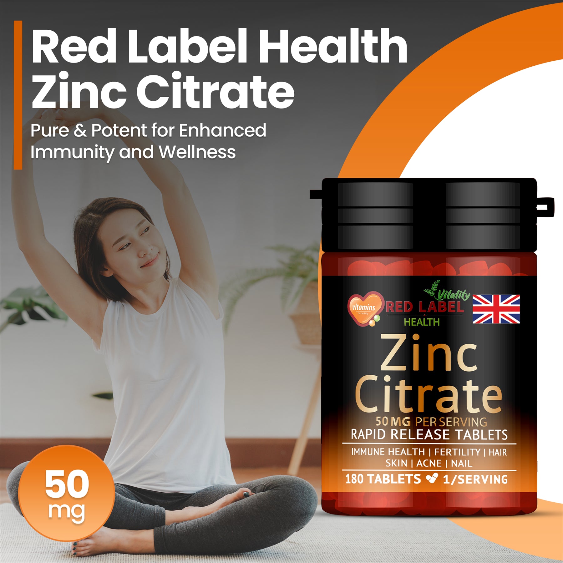 Red Label Health Zinc Citrate 50mg tablets for enhanced immunity and wellness in a 180 tablet container